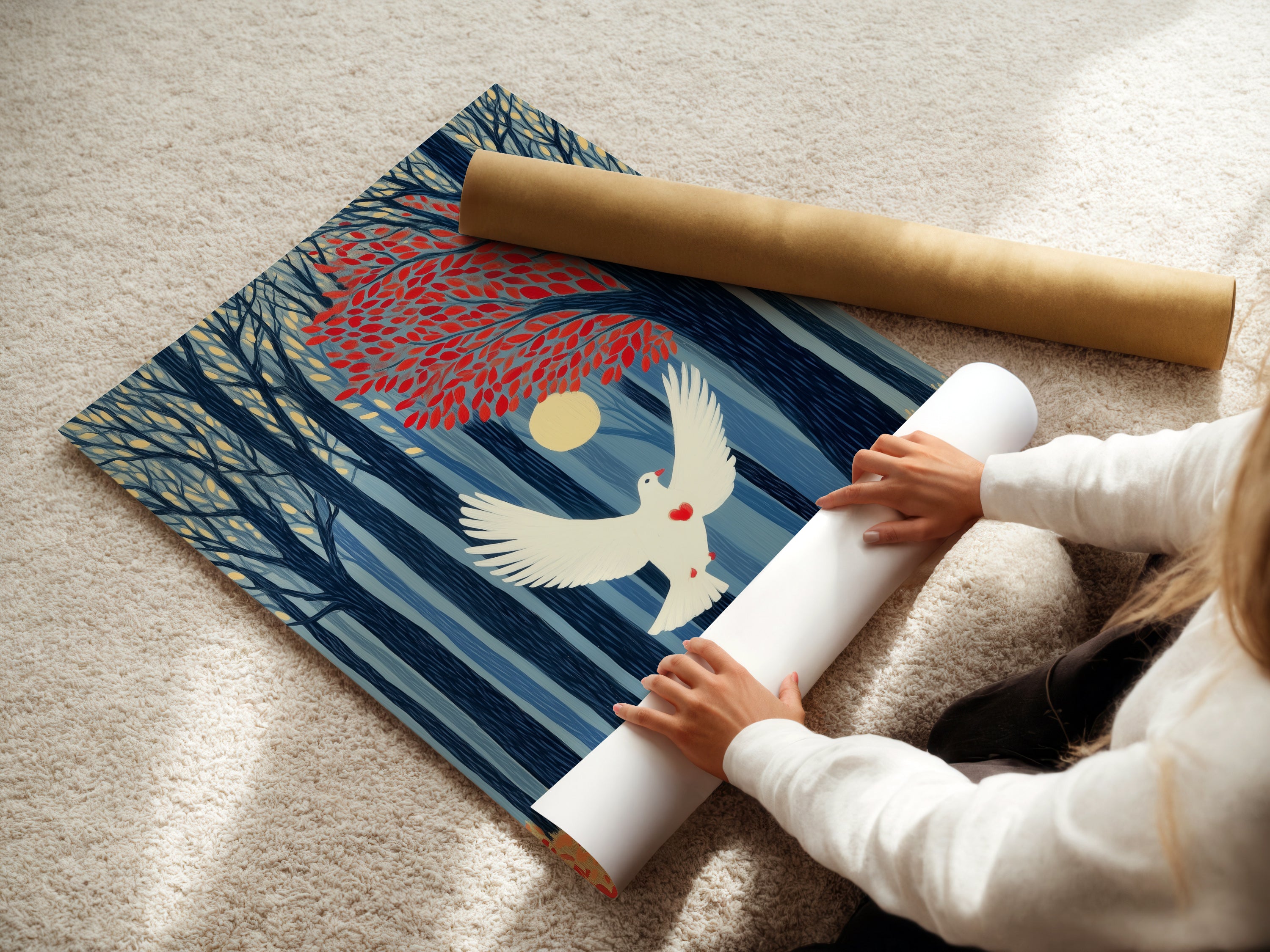 A woman carefully rolls a fine art poster paper. The paper features the Dove in Forest artwork. This ensures safe delivery of your serene nature print. Perfect for adding peace and beauty to your home or office. Order yours today.