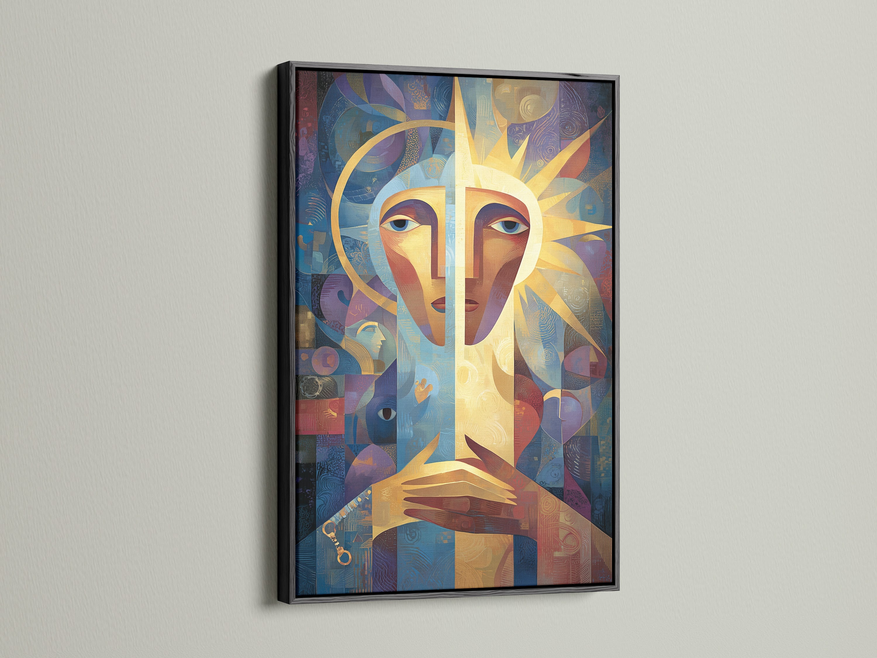 Make a bold statement with a black frame. This frame adds drama and sophistication. Black frames create a striking contrast. They highlight the artwork's colors. Choose a black frame for a modern gallery feel