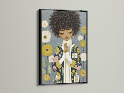 African American Spiritual Artwork in a black frame. The Black Girl Prayer Art Print offers spiritual decor. This black woman art is perfect as hospital wall art. It will enhance any minimalist or modern style space.
