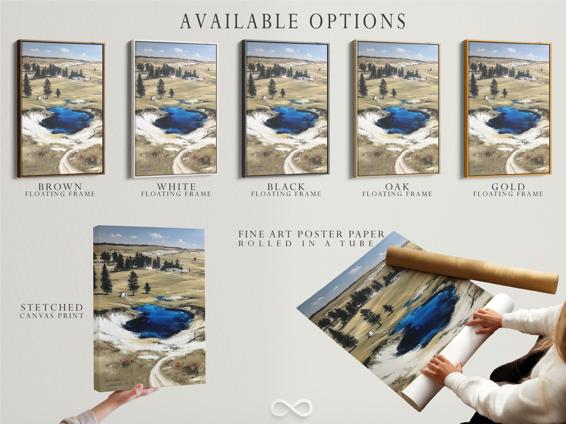 Available options include a stretched canvas print fine art poster paper and floating frame. Wyoming landscape artwork showcases the Grand Prismatic Springs in Yellowstone National Park. Nature wall art fits rustic farmhouse neutral or nature-inspired styles. Perfect for any space.