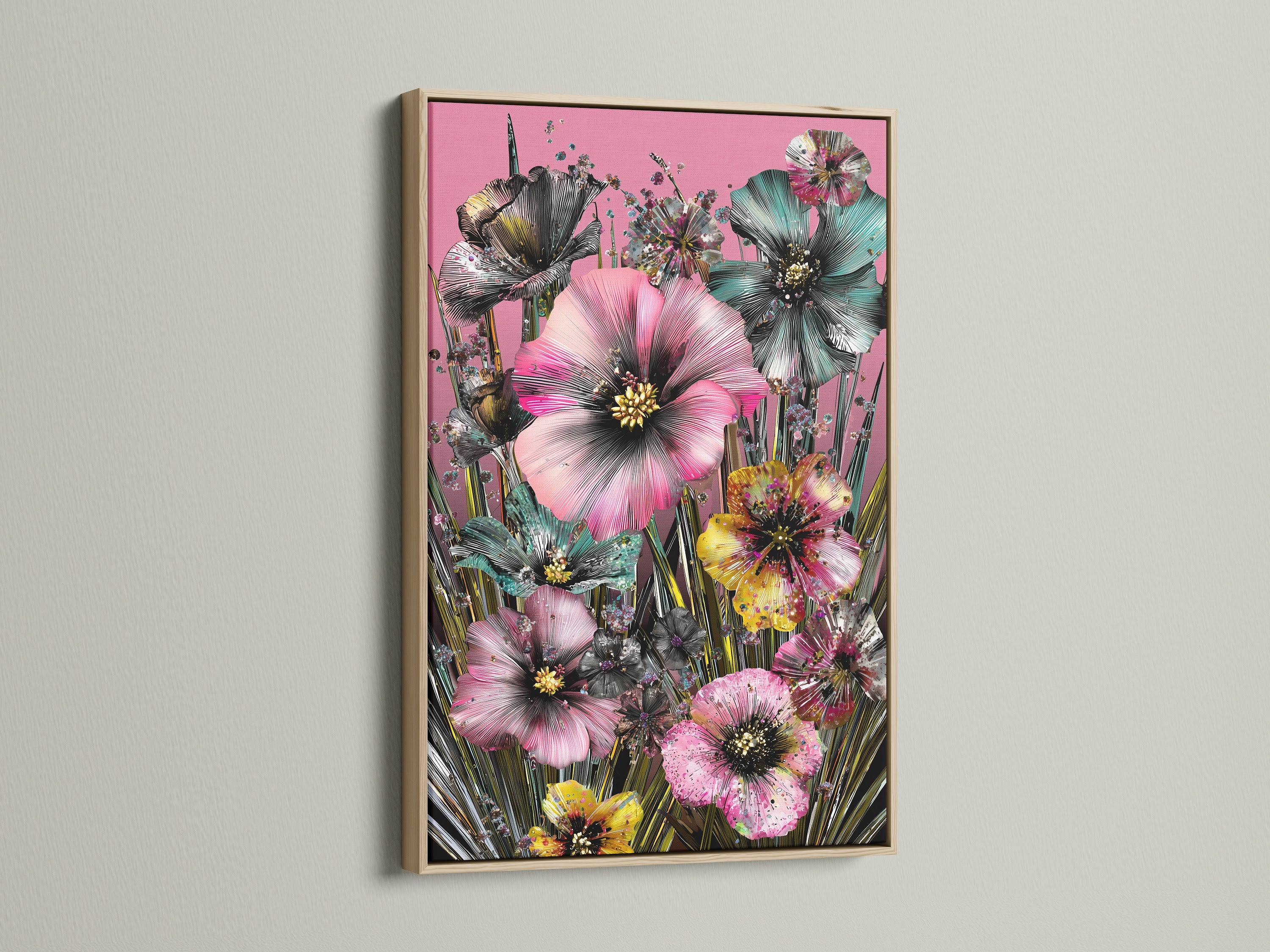 Tropical floral canvas print with an oak frame. This botanical flowers artwork features a pink floral print. A vibrant floral art piece that enhances any living space. Perfect for homeowners and renters.
