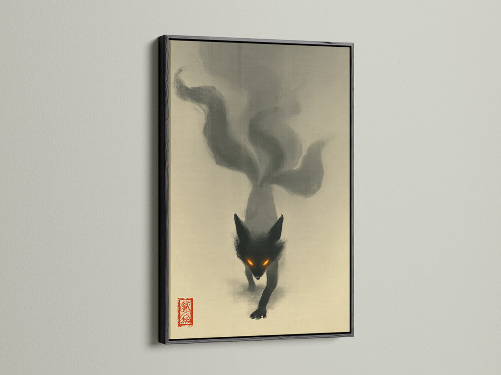 A striking black frame showcases the mystical fox spirit art. The print embodies dark fantasy themes. Enhance your living room or office with this captivating fox canvas print. It fits rustic and industrial decor.