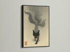 A striking black frame showcases the mystical fox spirit art. The print embodies dark fantasy themes. Enhance your living room or office with this captivating fox canvas print. It fits rustic and industrial decor.