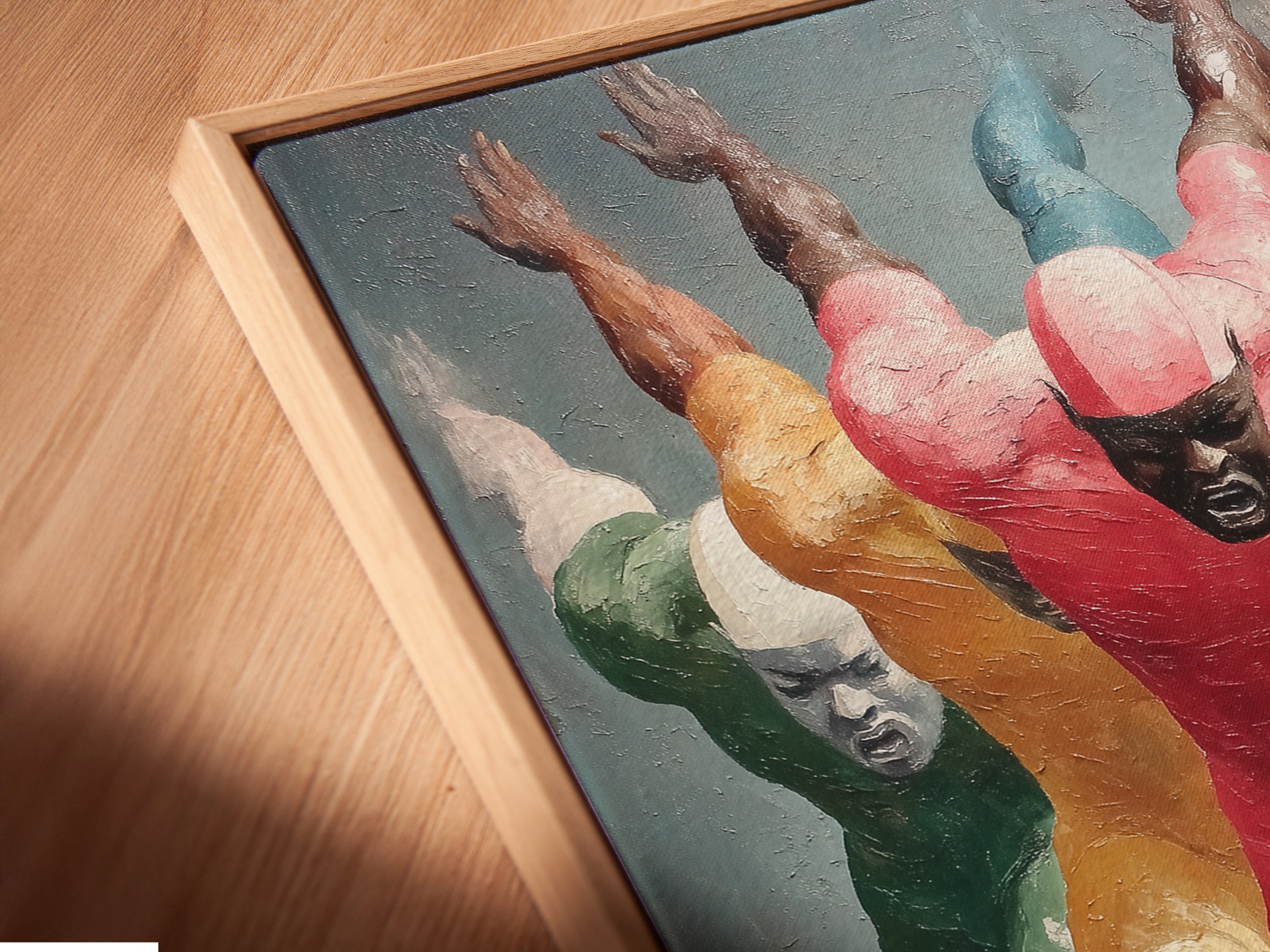 A close up angled view of the canvas print. It features a floating frame. This art piece enhances minimalist modern and contemporary spaces. This artwork is perfect for living rooms and gyms. It offers an energizing aesthetic for any environment. The floating frame adds a touch of sophistication.