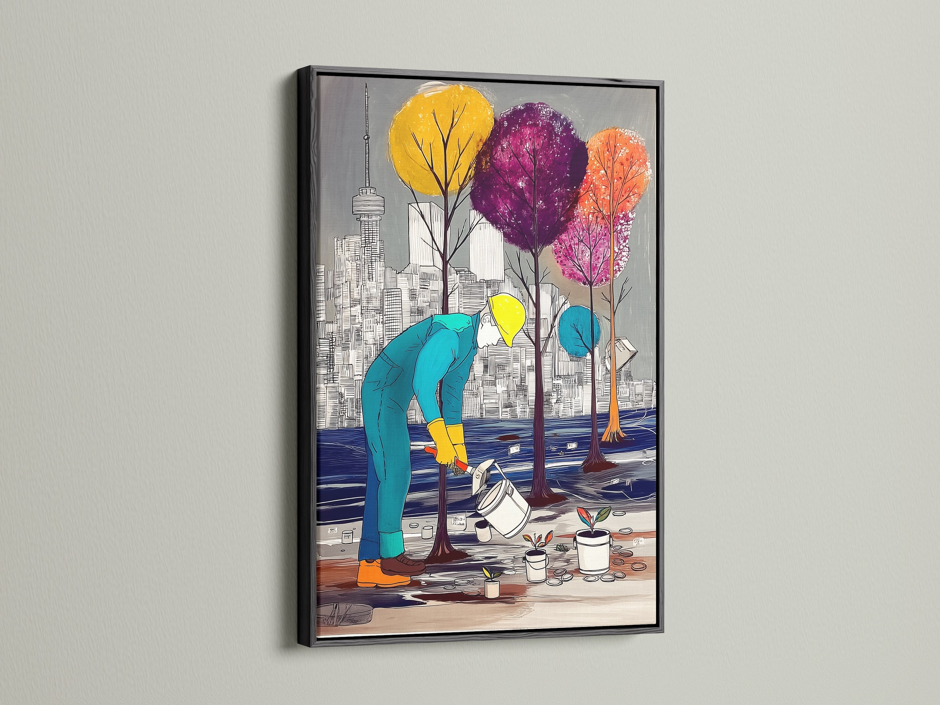 The City Gardener Canvas Print is shown with a black frame. The modern artwork complements any room. Discover cityscape art with colorful trees in an urban landscape. This cityscape canvas adds a contemporary touch. Ideal as office art for a modern workspace.