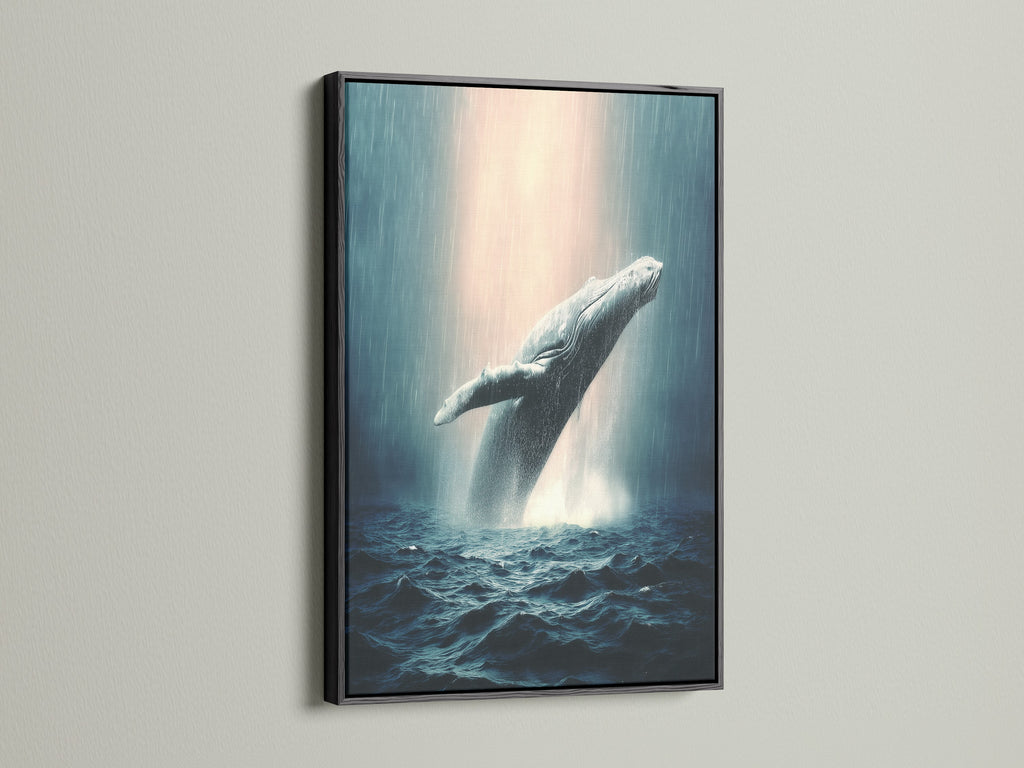 This is a whale canvas print in a black frame. It is ocean wildlife wall art. It features a humpback whale. This is marine life art. The whale artwork is perfect for coastal wall decor. It is a sea life print.