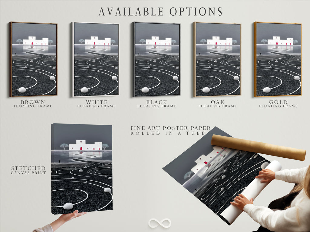 Available options include a stretched canvas print fine art poster paper and floating frame. Choose the perfect medium for your surreal artwork. Create your ideal zen wall decor with these versatile options.