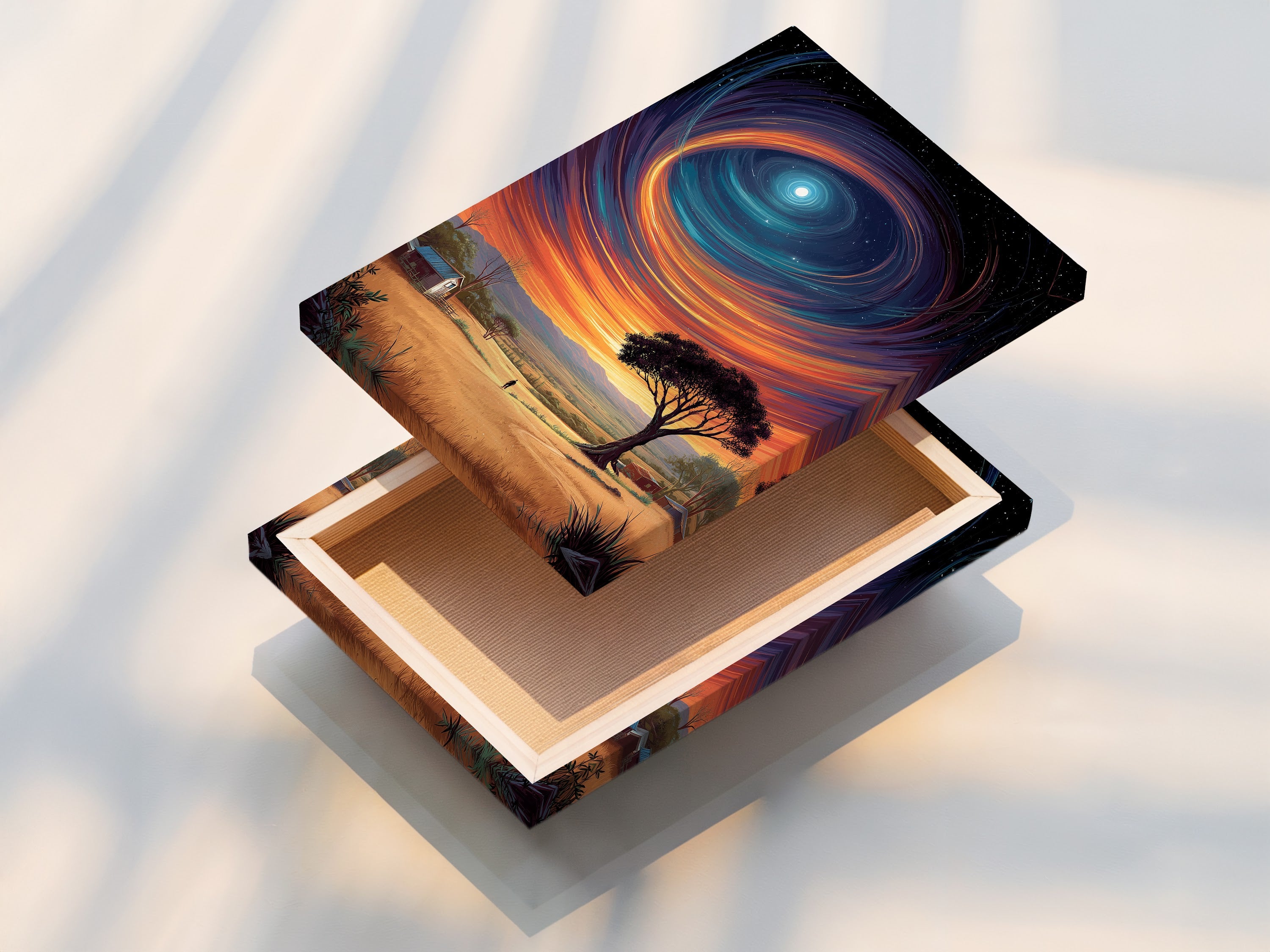 This is a stretched canvas print showcasing a surreal landscape. The artwork features a vibrant celestial sky. Ready to hang and transform any room. Perfect for adding fantasy sky art to your decor.