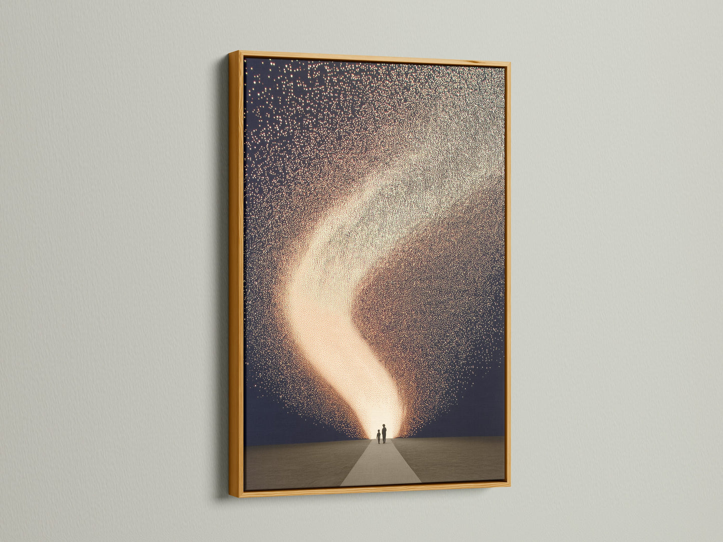 Stunning celestial art print in a luxurious gold frame. This cosmic wall art is perfect for adding a touch of sparkle to your decor. The abstract family artwork enhances any living room or nursery. This dreamy canvas print fits minimalist Scandinavian or eclectic styles. Transform your space with this modern art.