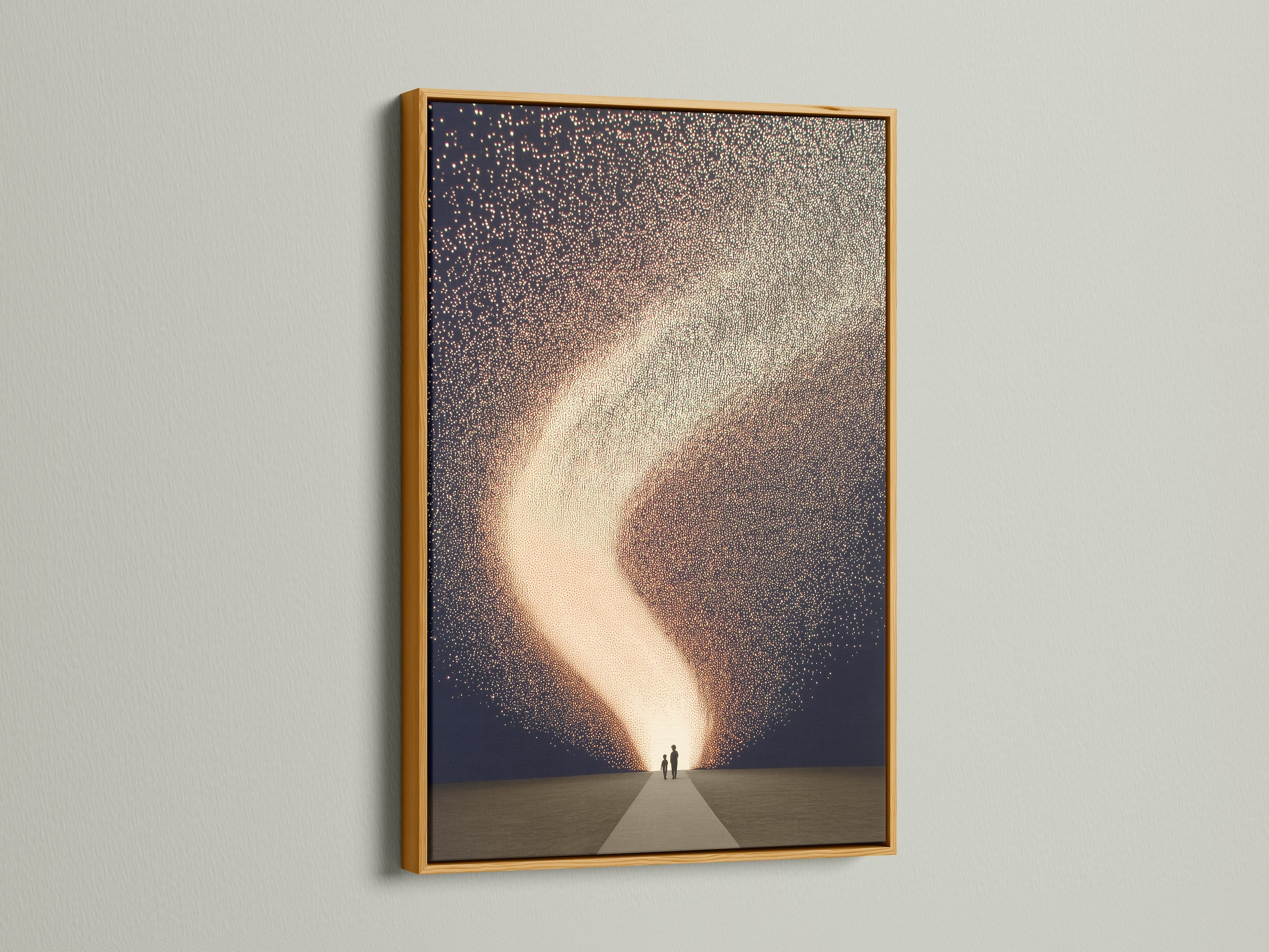 Stunning celestial art print in a luxurious gold frame. This cosmic wall art is perfect for adding a touch of sparkle to your decor. The abstract family artwork enhances any living room or nursery. This dreamy canvas print fits minimalist Scandinavian or eclectic styles. Transform your space with this modern art.