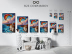 A size comparison chart is displayed in an interior setting. The chart illustrates available sizes for the paragliding artwork. Various sizes are compared within a room setting. This helps visualize the artwork's fit in different spaces. Find the perfect size for your coastal wall art. Choose the ideal dimensions to complement your decor.