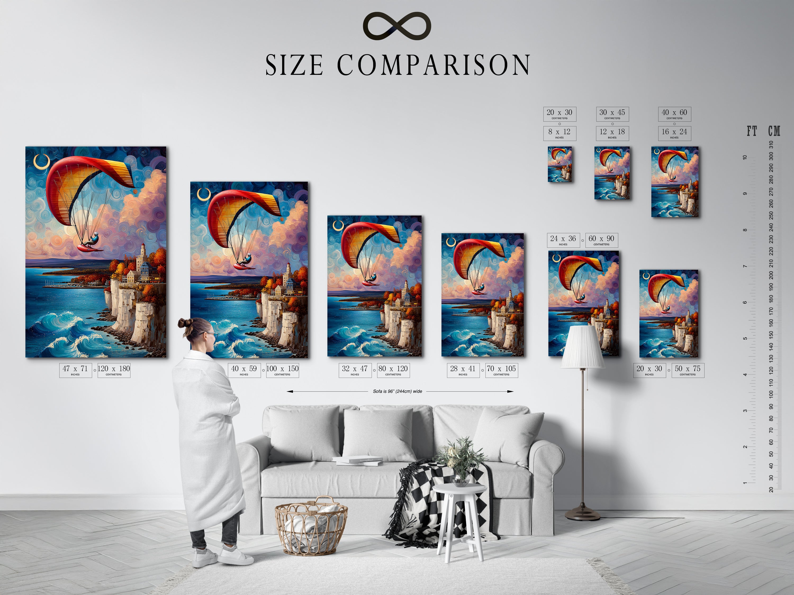 A size comparison chart is displayed in an interior setting. The chart illustrates available sizes for the paragliding artwork. Various sizes are compared within a room setting. This helps visualize the artwork's fit in different spaces. Find the perfect size for your coastal wall art. Choose the ideal dimensions to complement your decor.