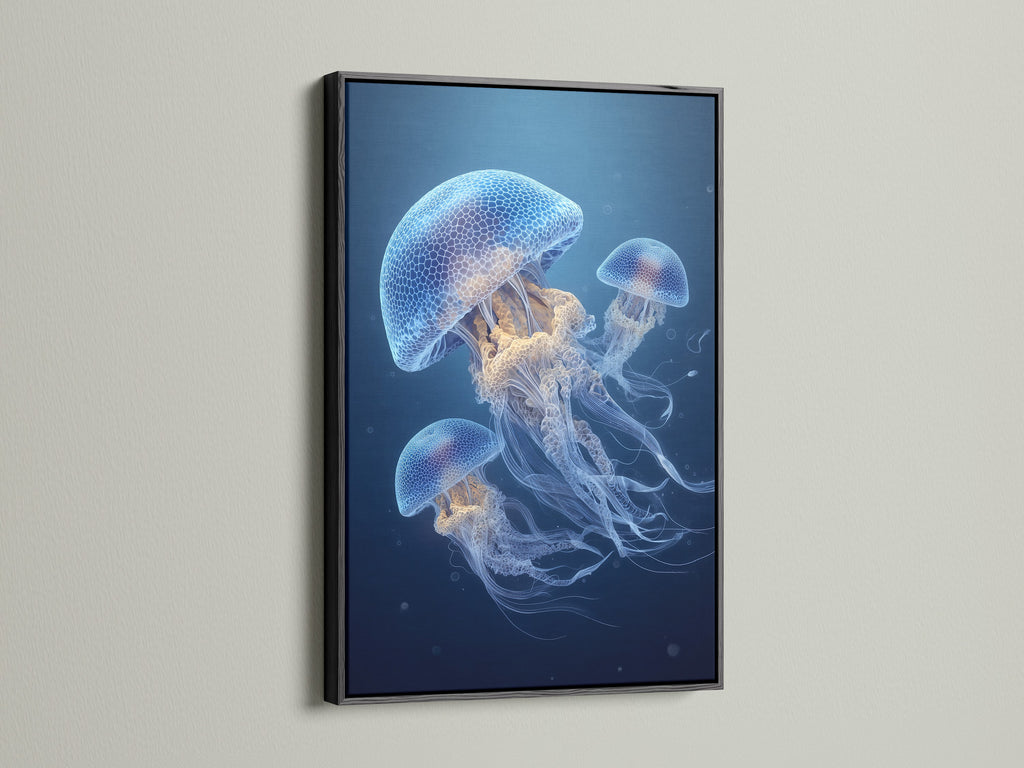 Jellyfish artwork in a black frame. The sleek black frame adds drama. It makes the art stand out. This frame is perfect for a bold statement. The black frame offers a modern look. It complements any decor style. This is an elegant way to display art. The jellyfish artwork looks stunning. Elevate your space with this framed piece. A timeless choice for art lovers.