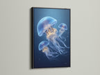 Jellyfish artwork in a black frame. The sleek black frame adds drama. It makes the art stand out. This frame is perfect for a bold statement. The black frame offers a modern look. It complements any decor style. This is an elegant way to display art. The jellyfish artwork looks stunning. Elevate your space with this framed piece. A timeless choice for art lovers.