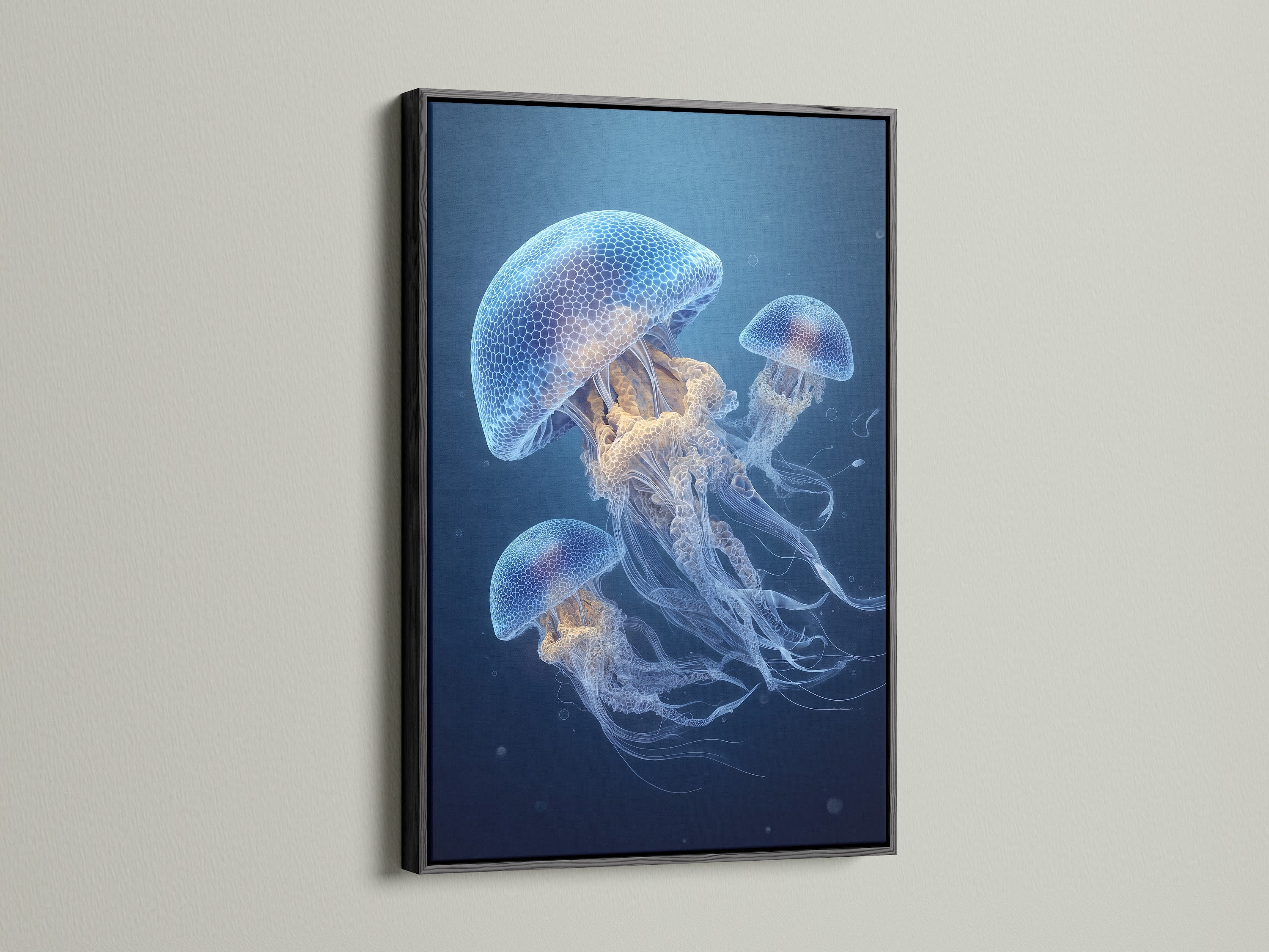 Jellyfish artwork in a black frame. The sleek black frame adds drama. It makes the art stand out. This frame is perfect for a bold statement. The black frame offers a modern look. It complements any decor style. This is an elegant way to display art. The jellyfish artwork looks stunning. Elevate your space with this framed piece. A timeless choice for art lovers.