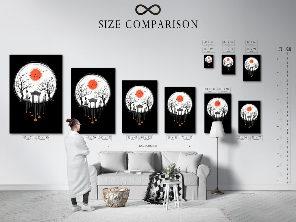 A size comparison chart is displayed in an interior setting. It shows the available sizes for the Halloween Night canvas print. This spooky cemetery artwork is perfect for gothic fall season decor. Find the right size for your space.
