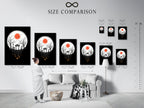 A size comparison chart is displayed in an interior setting. It shows the available sizes for the Halloween Night canvas print. This spooky cemetery artwork is perfect for gothic fall season decor. Find the right size for your space.