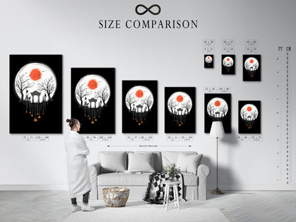 A size comparison chart is displayed in an interior setting. It shows the available sizes for the Halloween Night canvas print. This spooky cemetery artwork is perfect for gothic fall season decor. Find the right size for your space.