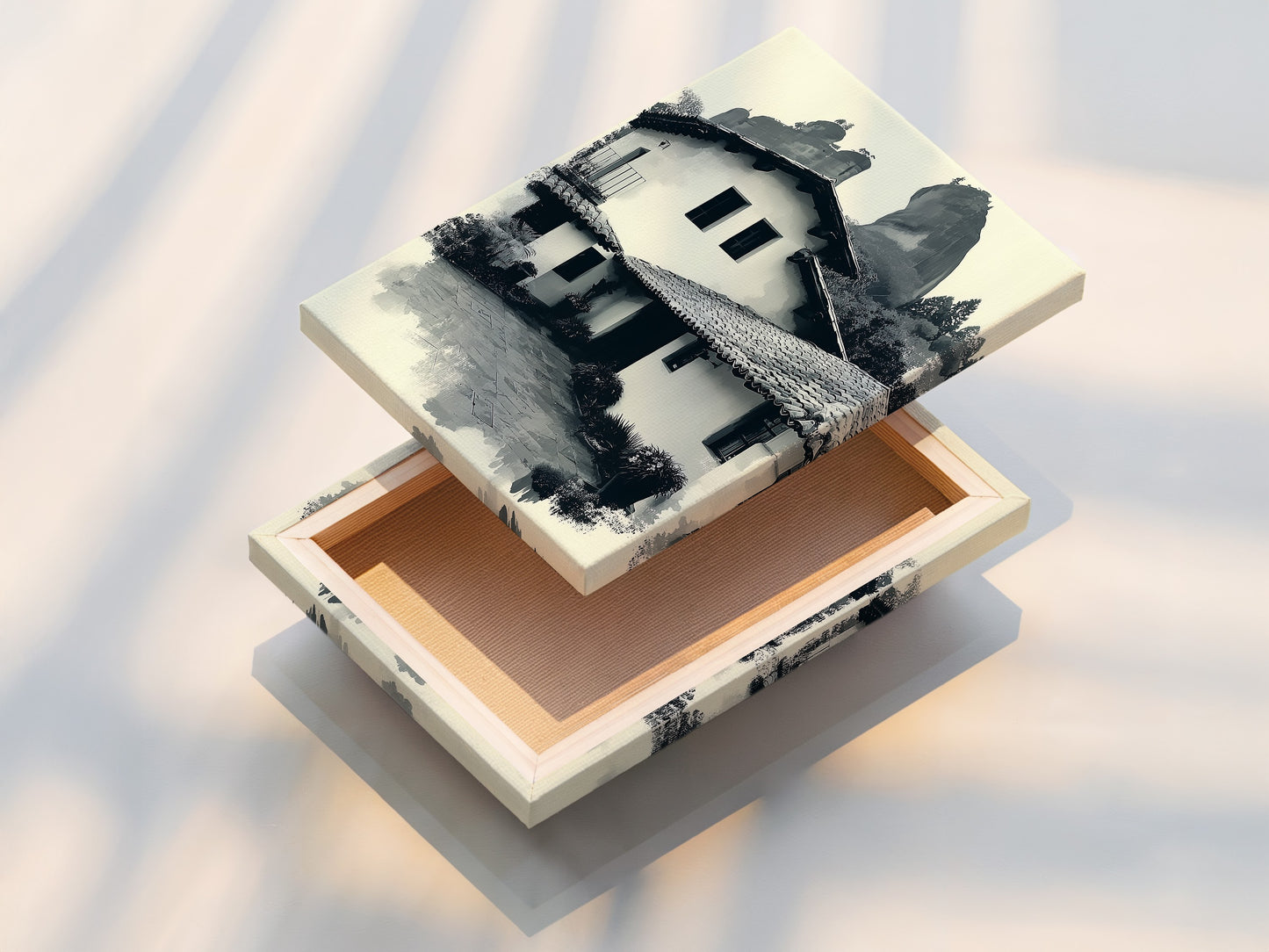 A stretched canvas print showcases the monochrome Hacienda artwork. The canvas texture enhances the visual appeal. This stretched canvas is ready to hang. It's ideal for Southwestern art lovers.