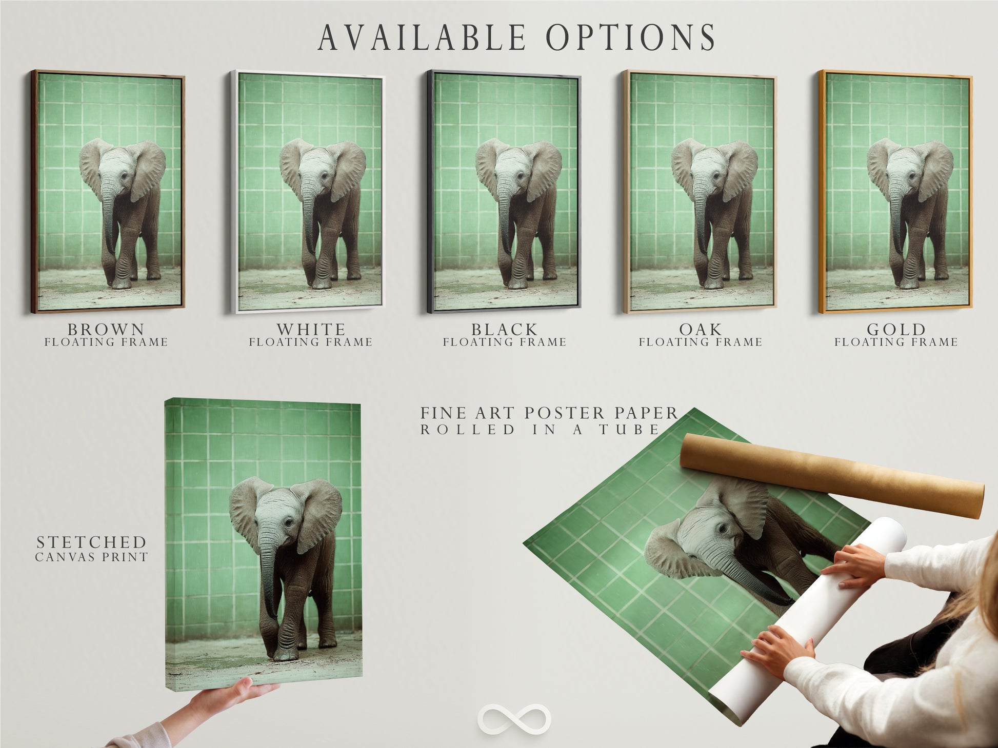 Available options for the Baby Elephant artwork which includes a stretched canvas print fine art poster paper and floating frame. Select the perfect format to match your style. Enhance your space with our elephant art. Shop now.
