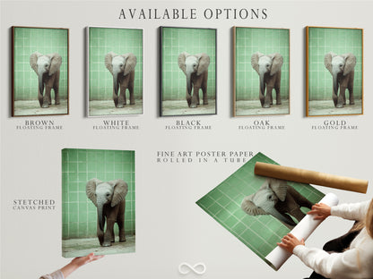 Available options for the Baby Elephant artwork which includes a stretched canvas print fine art poster paper and floating frame. Select the perfect format to match your style. Enhance your space with our elephant art. Shop now.