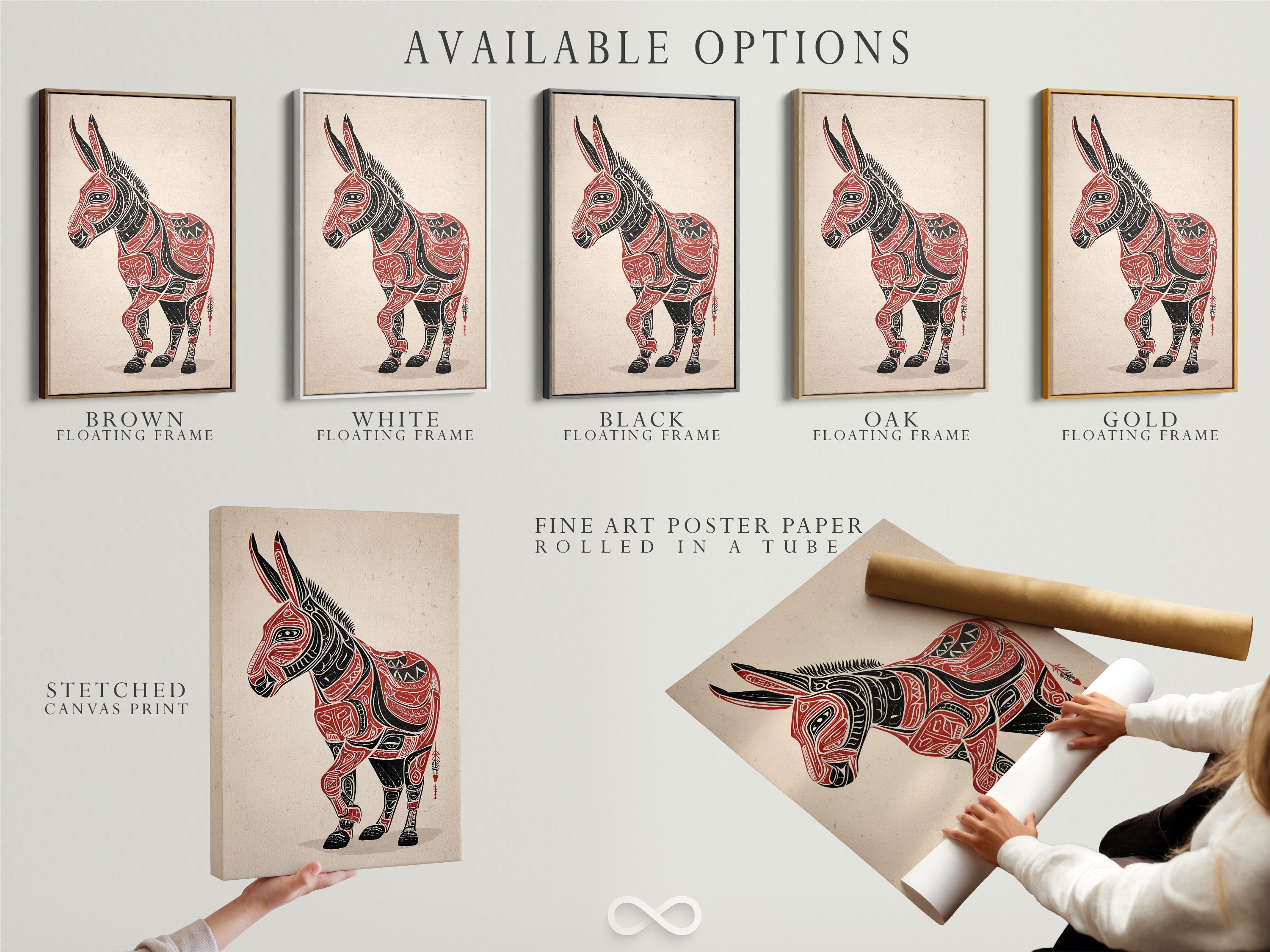 Available options for the Tribal Donkey art. These include stretched canvas print fine art poster paper and floating frame. Customize your artwork to match your style. The native american art is versatile. Southwestern decor can be personalized. Choose the perfect presentation for your tribal animal art.