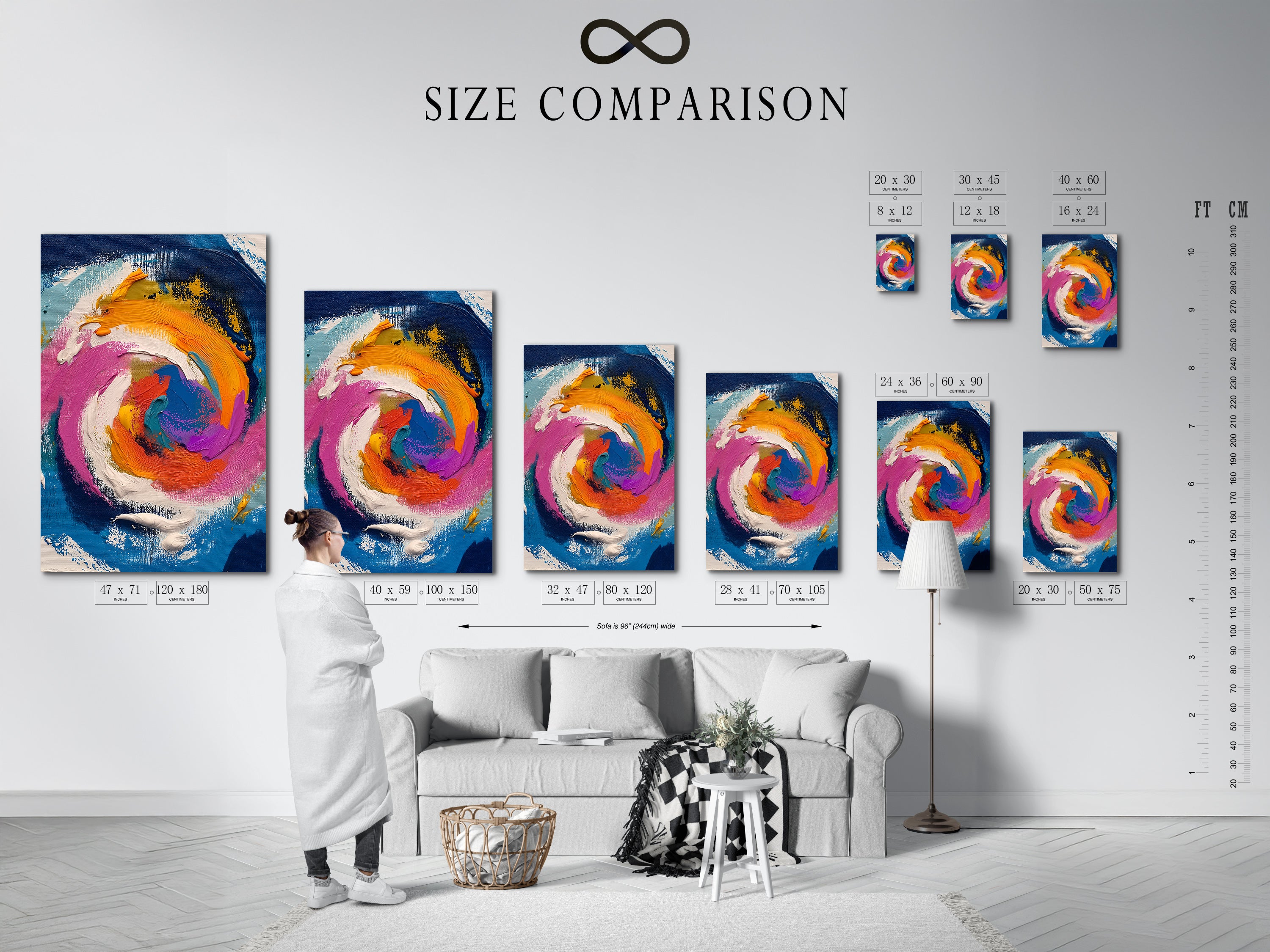 A size comparison chart is displayed in an interior setting. The chart shows various sizes of abstract swirl artwork prints. Visualize the perfect size for your space. Find the ideal fit for your living room bedroom or office.