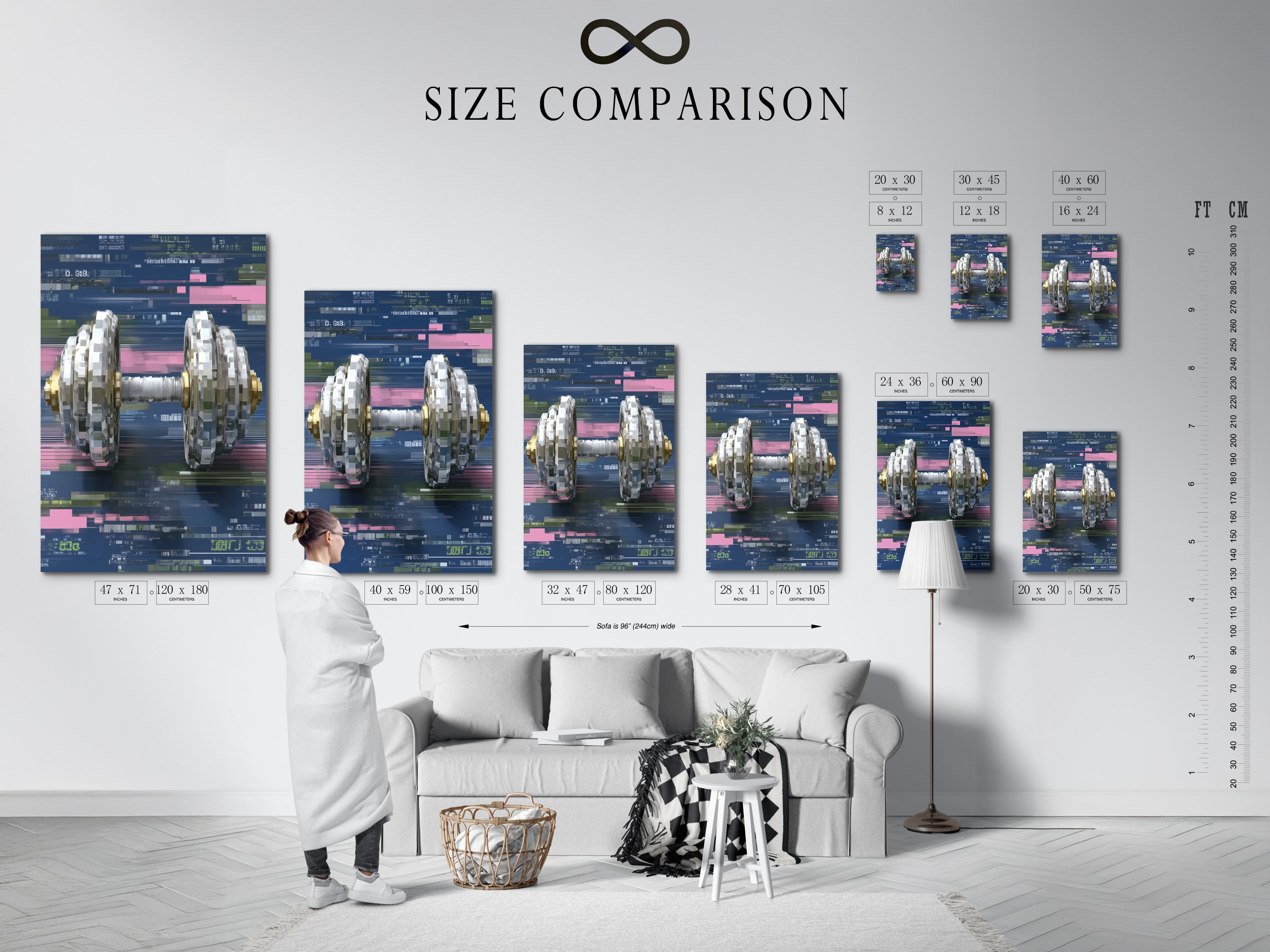 Size comparison chart of the Digital Glitch Dumbbell art displayed in an interior setting. See how this cyberpunk wall art fits in different spaces. Perfect for home gym or fitness studio decor.