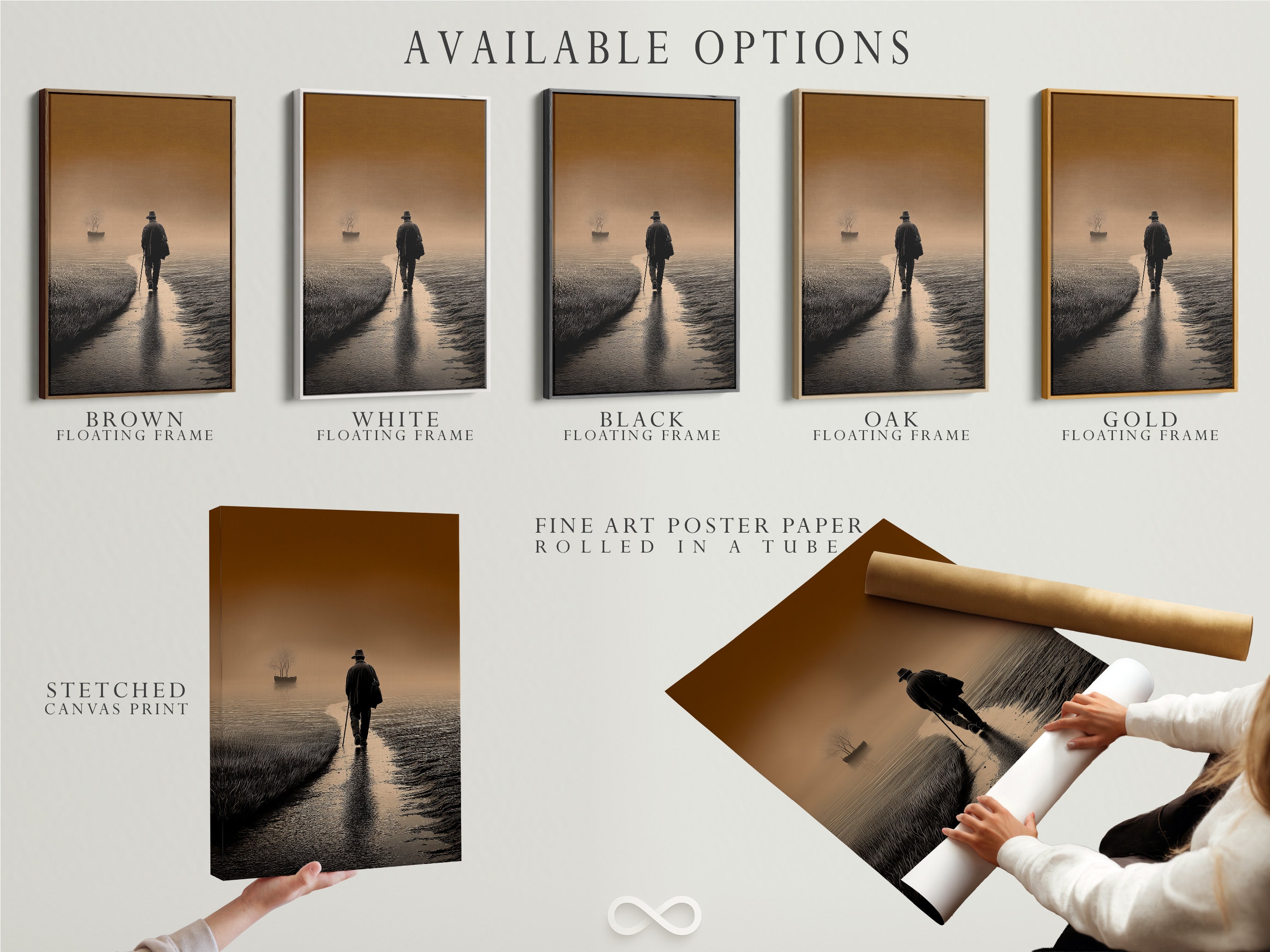 Available options are showcased. Stretched canvas prints are displayed. Fine art poster paper and floating frames are also available. Choose the perfect combination to suit your style. Explore the variety of options. Personalize your art display.
