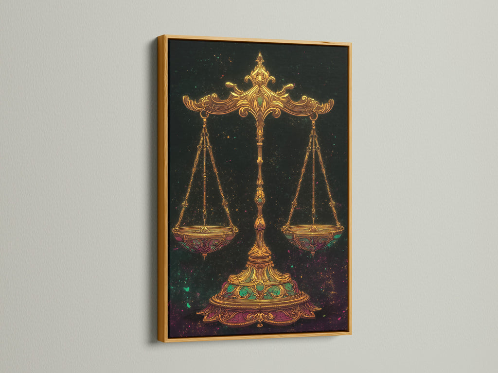 Introduce a touch of opulence to your decor with our stunning Libra Zodiac Art Print. The gold frame enhances the scales of justice artwork. Transform your living space with this astrology wall art. This celestial print embodies luxury and style.