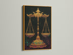 Introduce a touch of opulence to your decor with our stunning Libra Zodiac Art Print. The gold frame enhances the scales of justice artwork. Transform your living space with this astrology wall art. This celestial print embodies luxury and style.