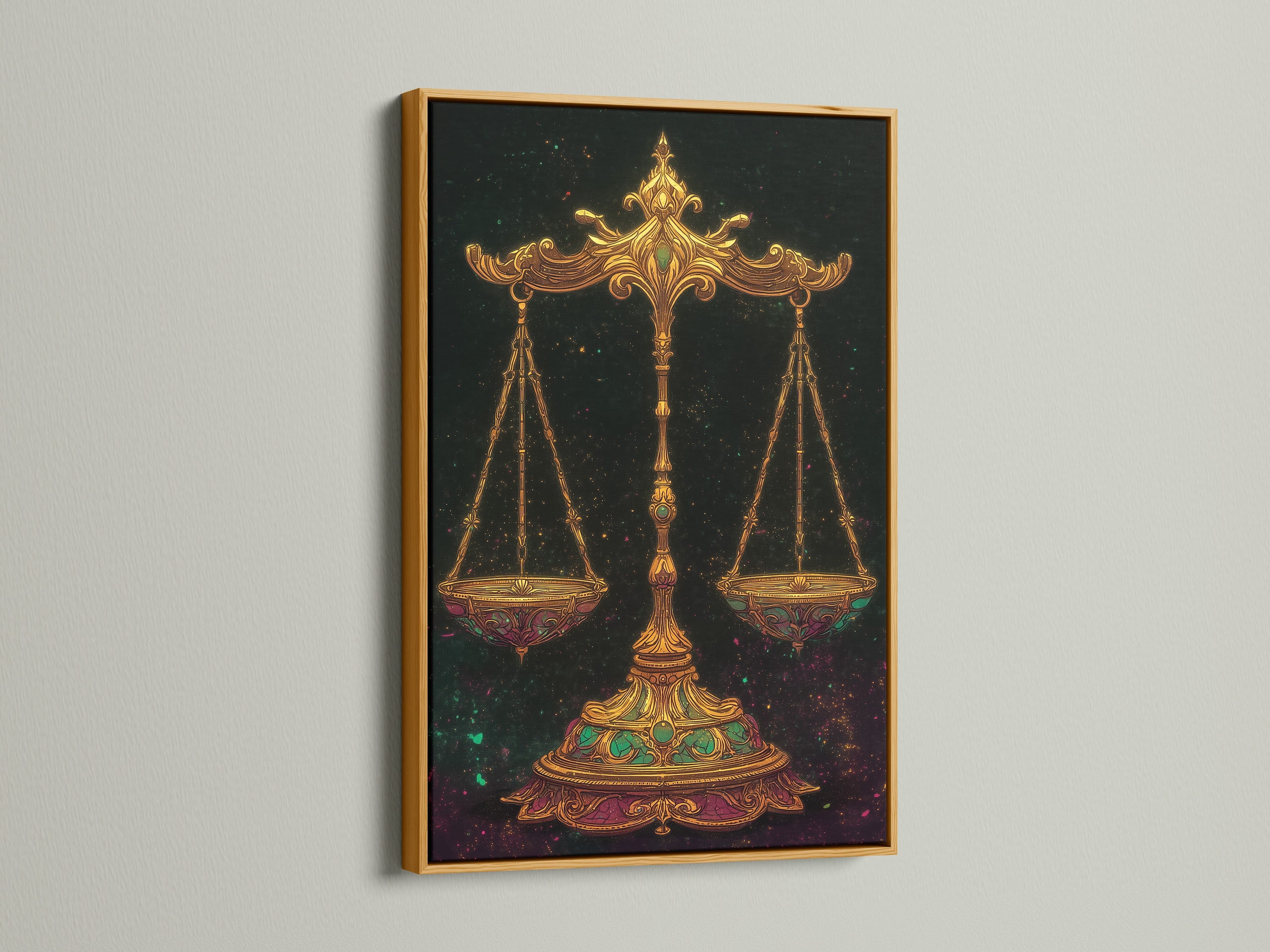 Introduce a touch of opulence to your decor with our stunning Libra Zodiac Art Print. The gold frame enhances the scales of justice artwork. Transform your living space with this astrology wall art. This celestial print embodies luxury and style.