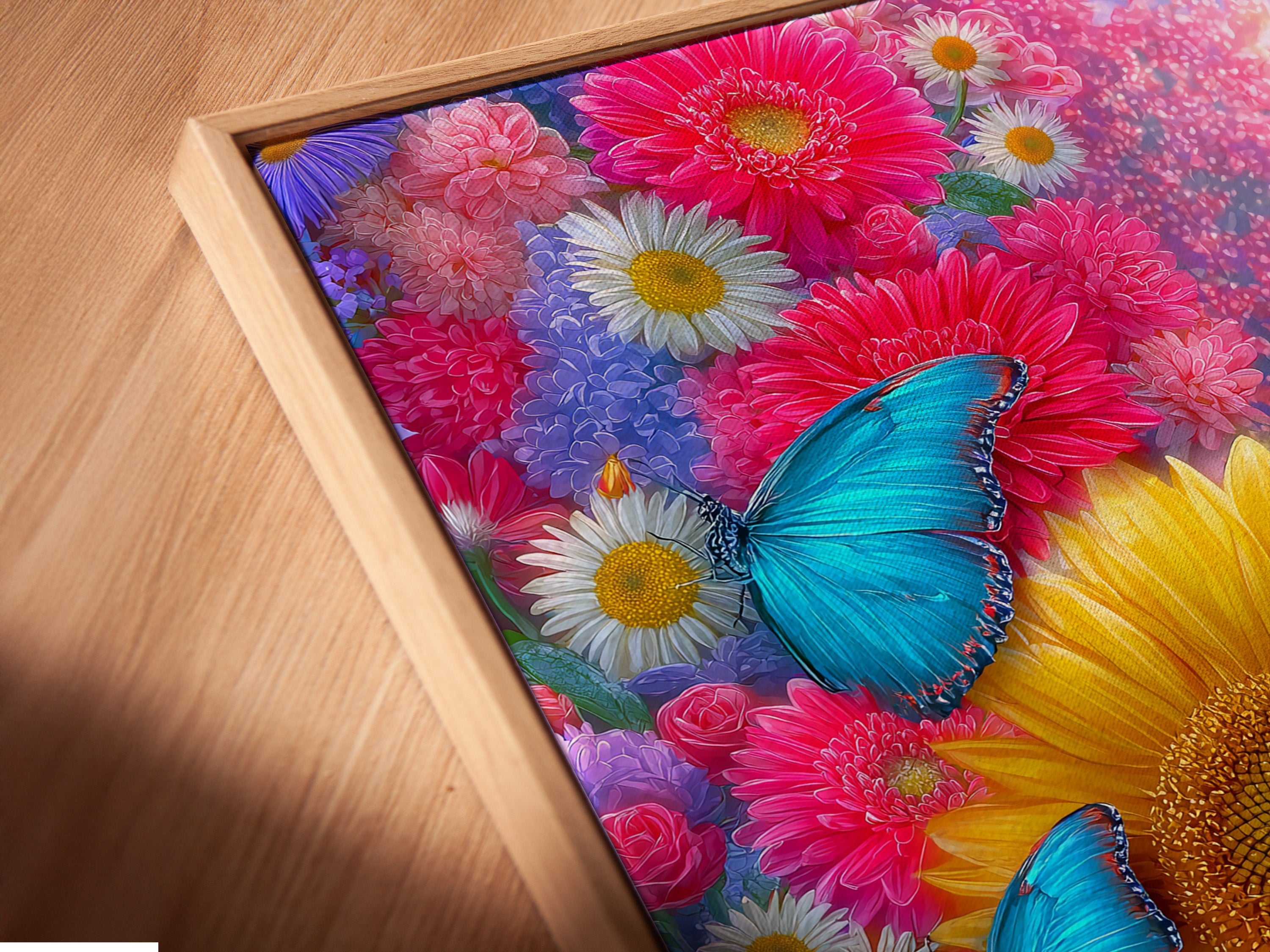Close-up angled view of a canvas print of butterfly flower garden artwork in a floating frame. The artwork features vibrant sunflowers and colorful butterflies. The floating frame adds a modern stylish look. Perfect for adding a unique touch to your wall decor.