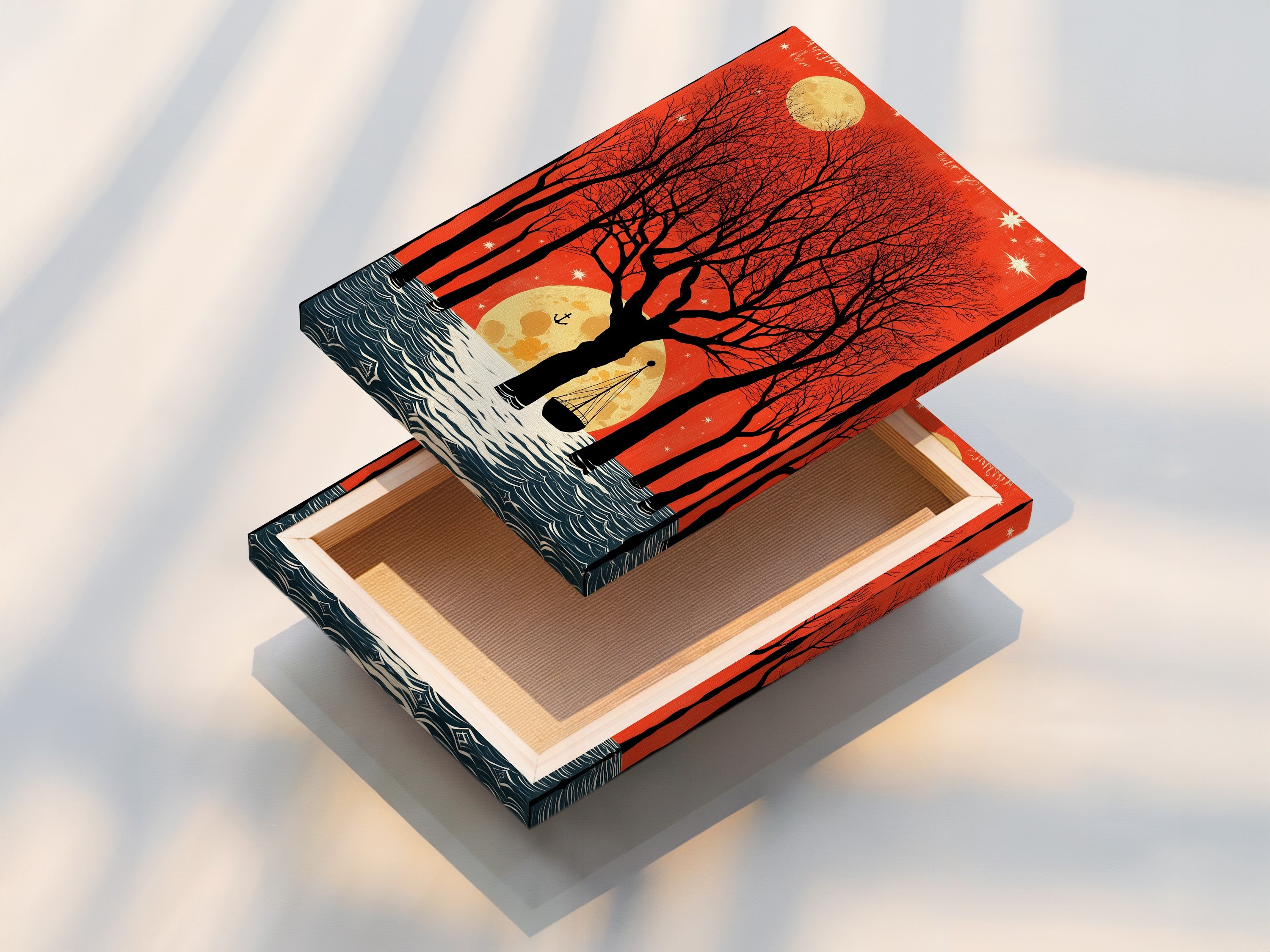 A stretched canvas print of the moonlit boat artwork. The canvas is stretched perfectly. Ready to hang and enjoy. The vintage seascape brings a calming coastal vibe. Ideal for living rooms bedrooms or offices looking for art.