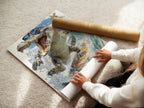 A woman is rolling a fine art poster paper featuring cool alligator wall art. This tropical surf art is a funny animal print. Ideal for beach house decor or a kids room providing a unique summer vibe.