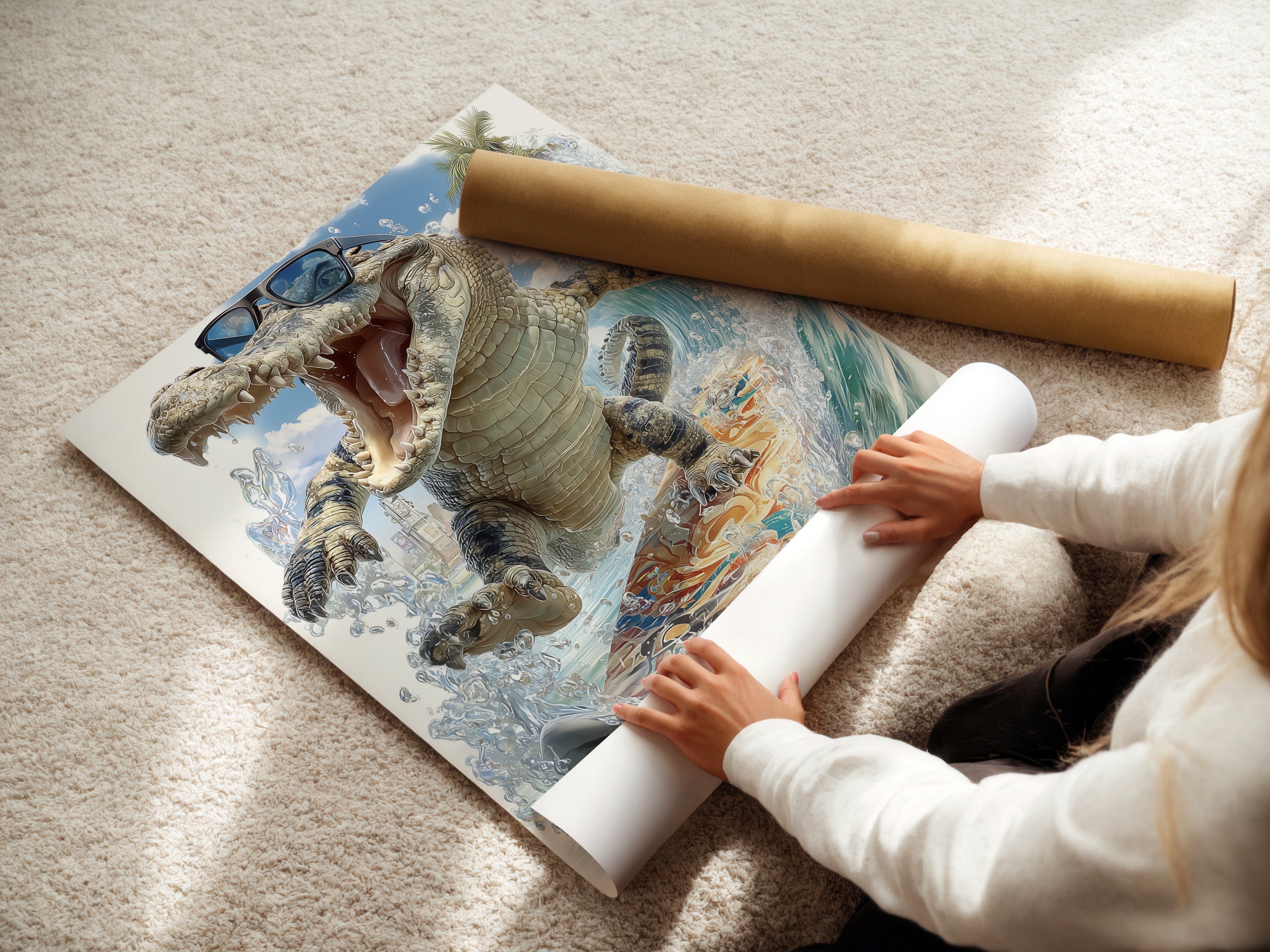 A woman is rolling a fine art poster paper featuring cool alligator wall art. This tropical surf art is a funny animal print. Ideal for beach house decor or a kids room providing a unique summer vibe.