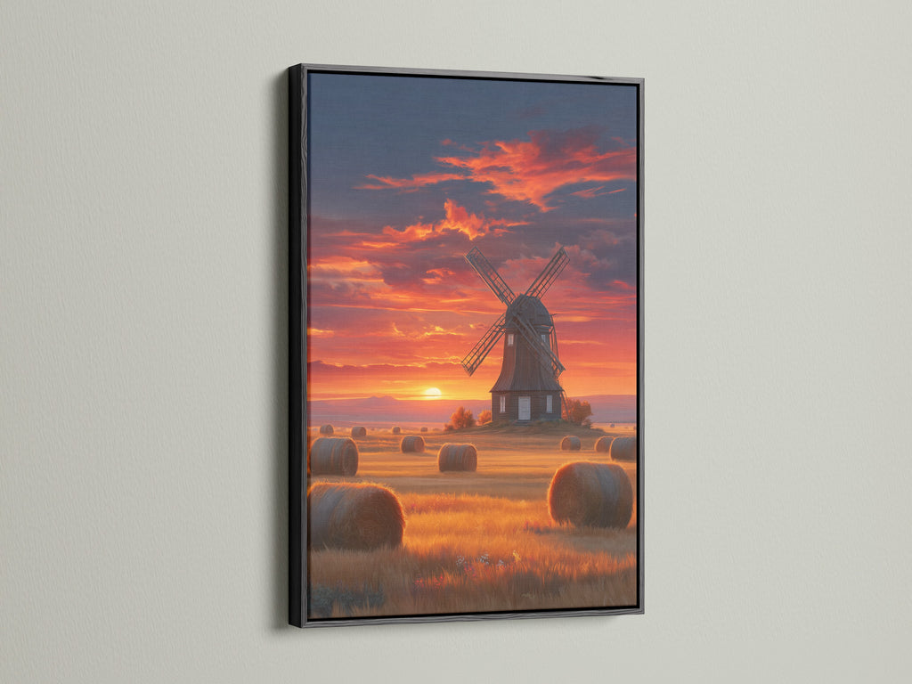 The sunset canvas print is presented in a black frame. The dark frame contrasts beautifully with the warm tones of the Dutch countryside artwork. This is perfect for a modern farmhouse look.