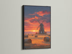 The sunset canvas print is presented in a black frame. The dark frame contrasts beautifully with the warm tones of the Dutch countryside artwork. This is perfect for a modern farmhouse look.