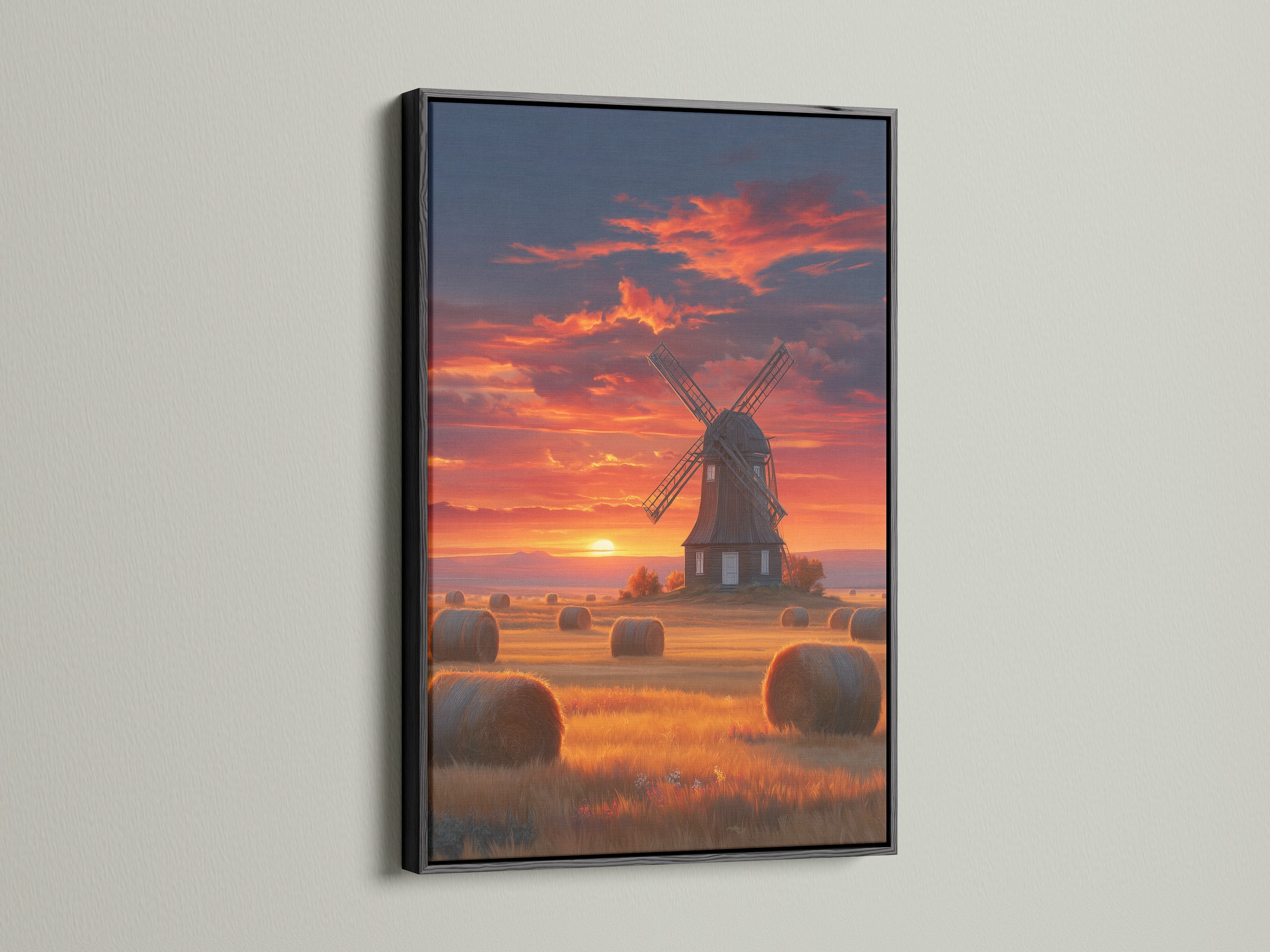 The sunset canvas print is presented in a black frame. The dark frame contrasts beautifully with the warm tones of the Dutch countryside artwork. This is perfect for a modern farmhouse look.
