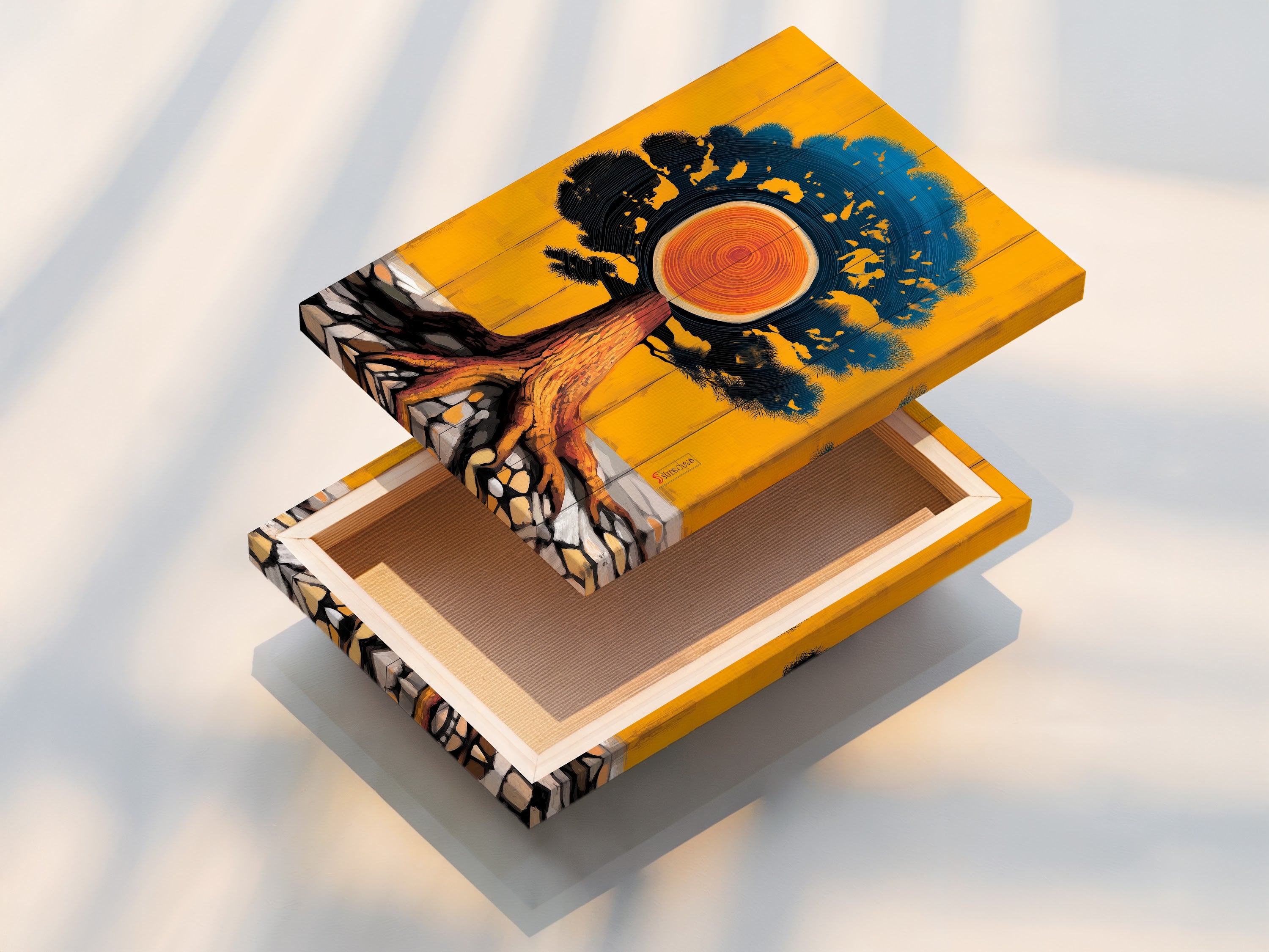 A stretched canvas print of the Tree of Life artwork. The stretched canvas provides a gallery-ready look. The vibrant orange and teal colors pop on the canvas. Ready to hang and enjoy as a stunning piece of wall art.