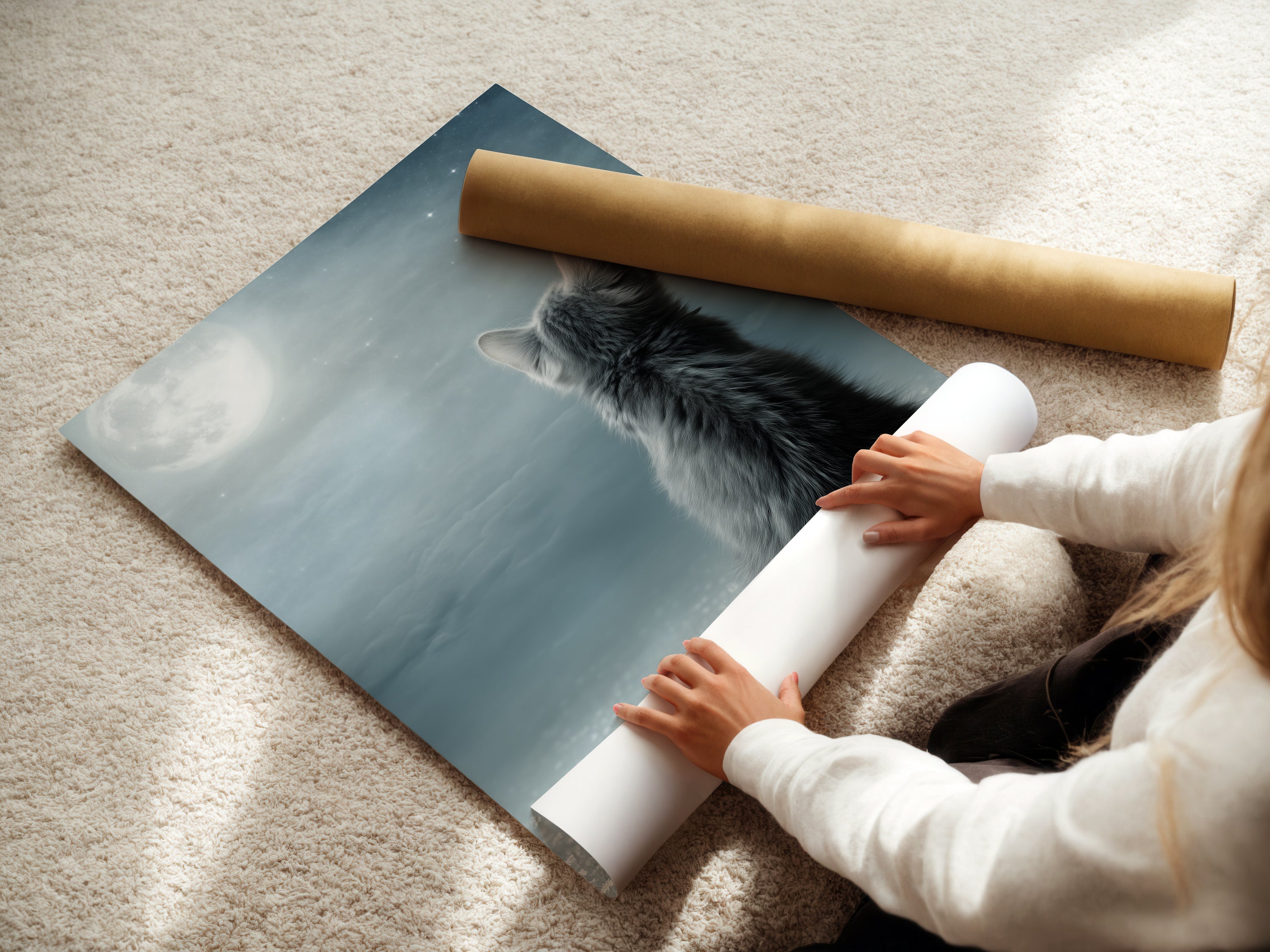 A woman carefully rolls a fine art poster paper of the Cat Moon artwork. The fine art poster paper captures the details of the celestial kitten. This dreamy decor is perfect for adding a serene touch to any room. Get your own cat art print today. This artwork is a great gift for pet lovers.