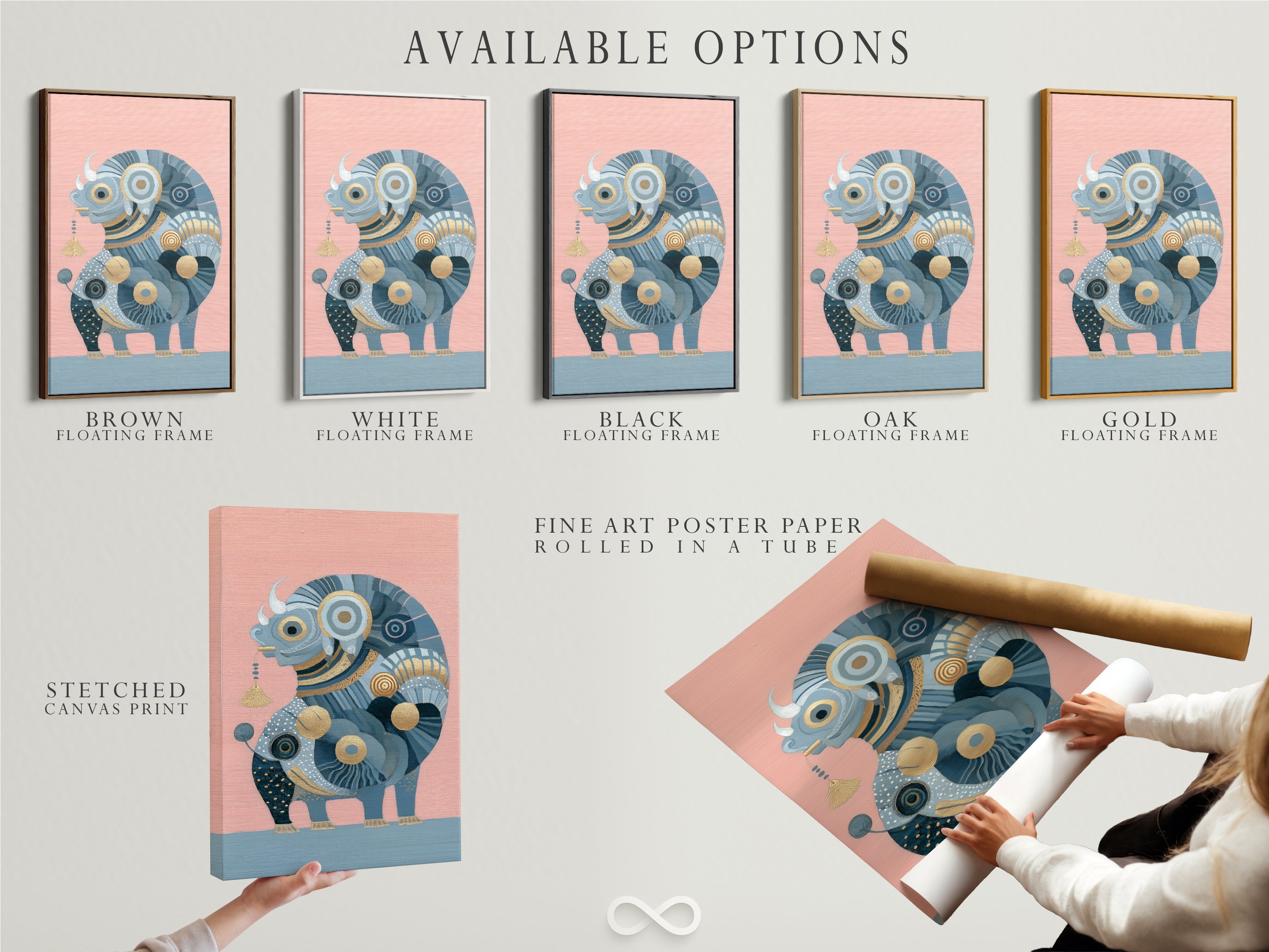 Available options for the Abstract Bull artwork. Choose from stretched canvas print fine art poster paper and floating frame options. Customize your wall decor to match your style. This blue and gold animal artwork is versatile. Find the perfect fit for your home.