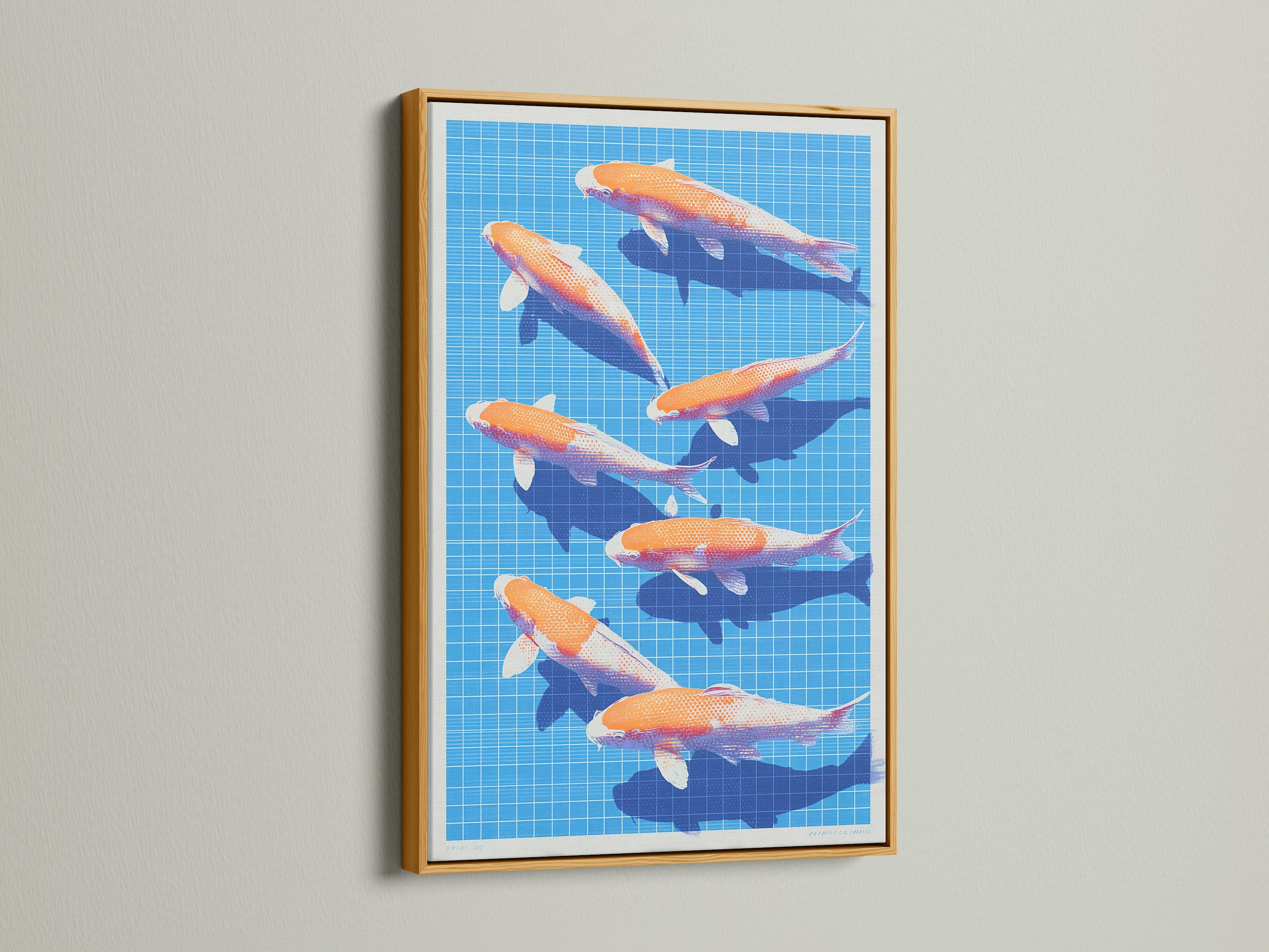Modern Koi Fish canvas artwork with a gold frame. The zen wall art features orange and white fish swimming on a blue grid pattern. This Japanese print adds a touch of luxury to any contemporary home decor.