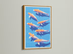 Koi Fish canvas print in a gold frame. This artwork brings a touch of elegance to any room. The vibrant blue and orange colors make it a focal point. Perfect for adding a zen touch to your home or office. It enhances modern wall decor.