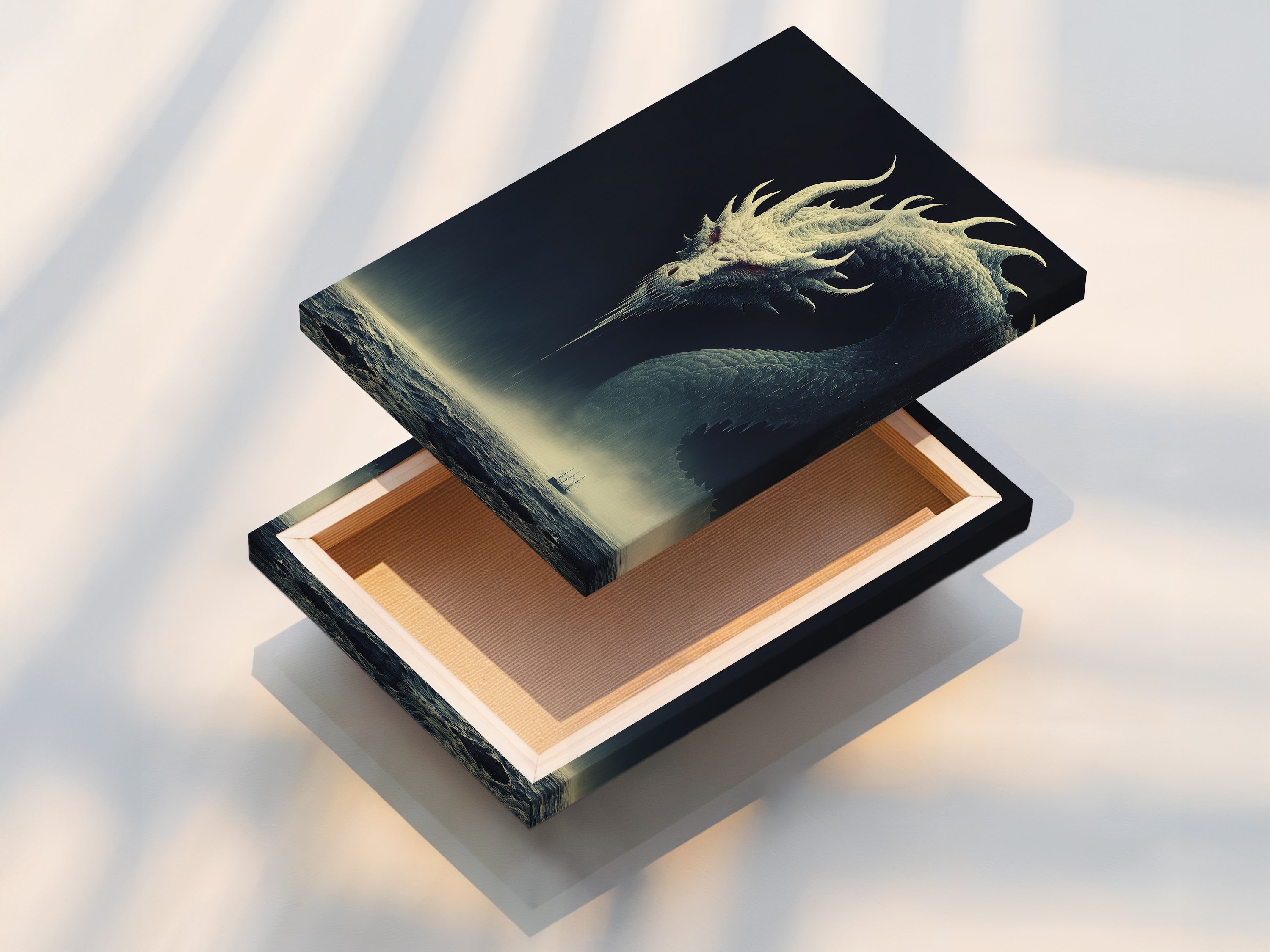 This is a stretched canvas print of the Dragon artwork. This sea monster artwork is a must-have. Elevate your space with gothic wall art and fantasy decor. This nautical art is perfect for any room.