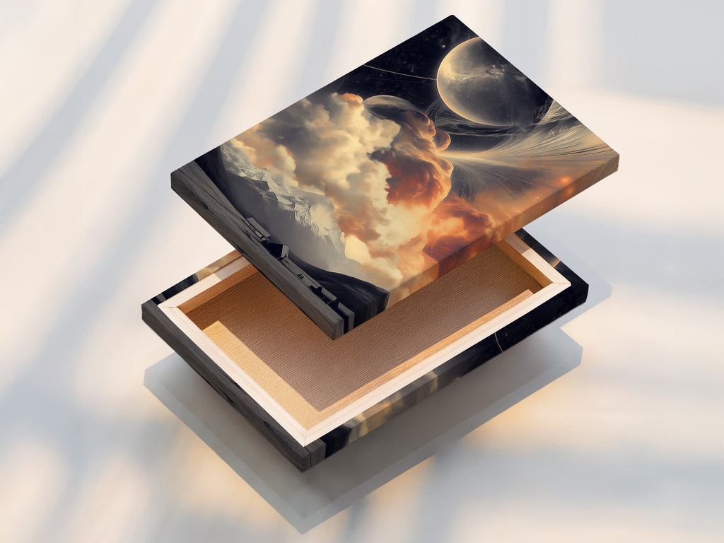 A stretched canvas print is showcased. The print features a celestial landscape artwork with cosmic mountains. This dreamy space artwork is perfect for bedrooms living rooms and more. Order now.