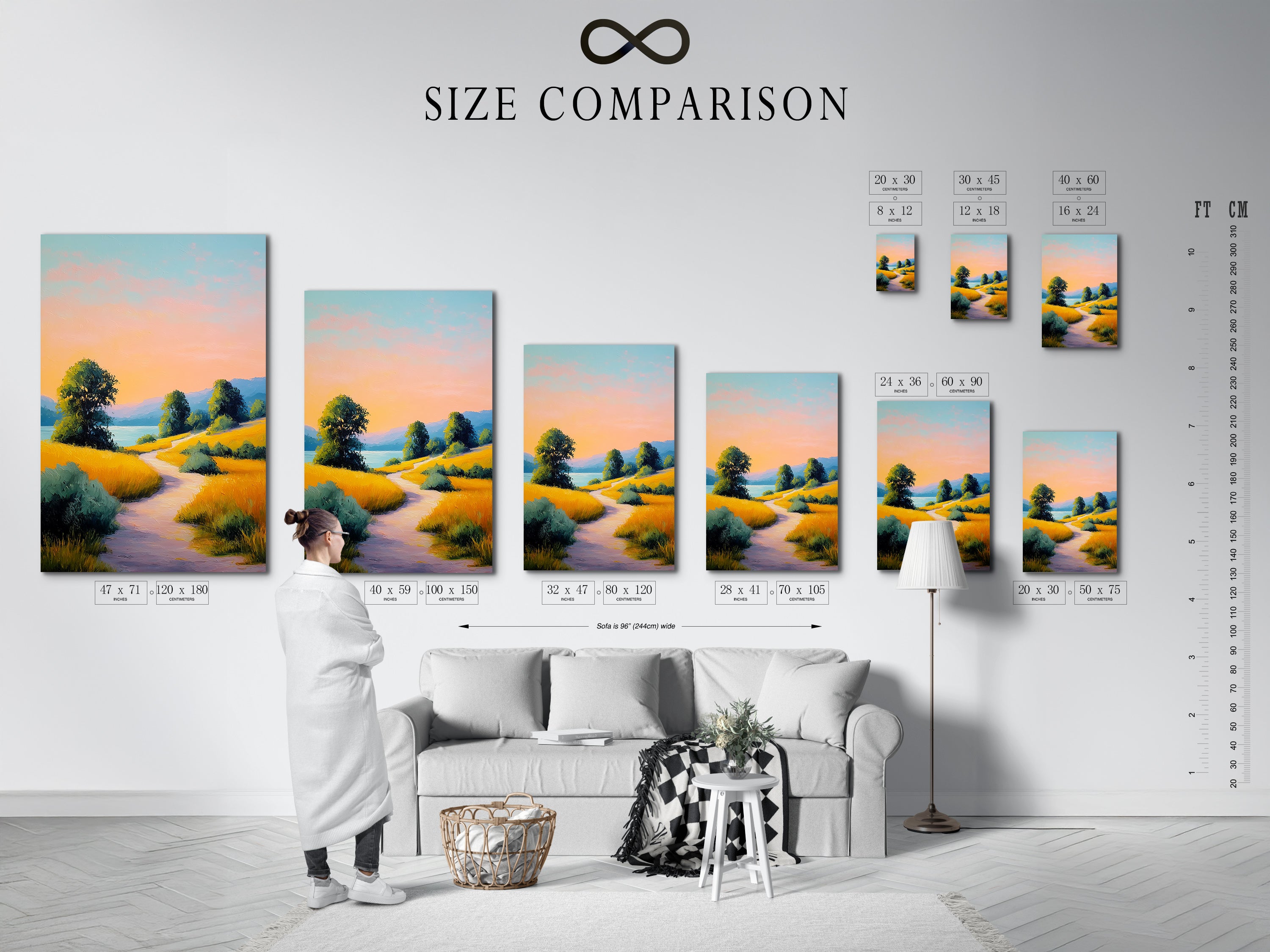 Size comparison chart displayed in an interior setting. See how our sunset landscape artwork fits in various spaces. The golden path print is available in multiple sizes. Choose the perfect size for your living room bedroom or office. Visualize your nature wall art now.