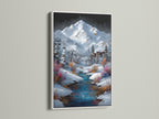 A white frame enhances the beauty of this mountain village art print. The artwork captures a serene winter scene with a ski lift and blue stream. Perfect for adding a touch of alpine charm to your cabin wall decor. The white frame complements the snowy landscape.