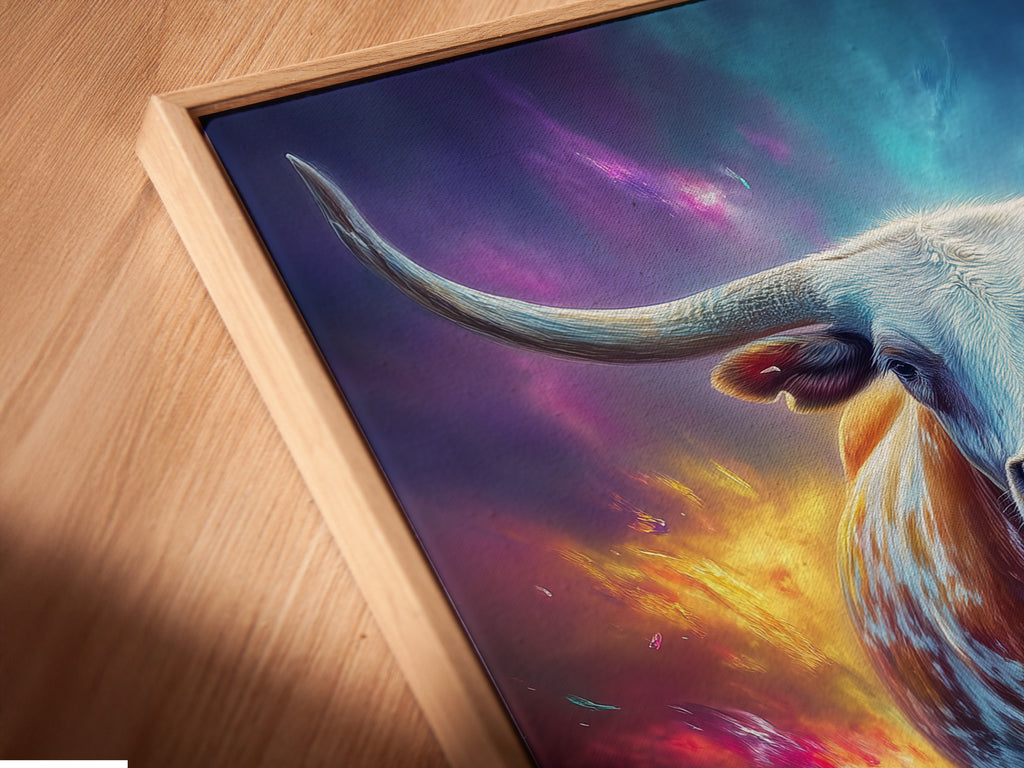 A close-up angled view reveals a canvas print in a floating frame. This mystical cow artwork blends fantasy and elegance. The wildflower field art adds a touch of nature to your decor. A perfect addition to your home or office. Enhance your space with this ethereal animal art.