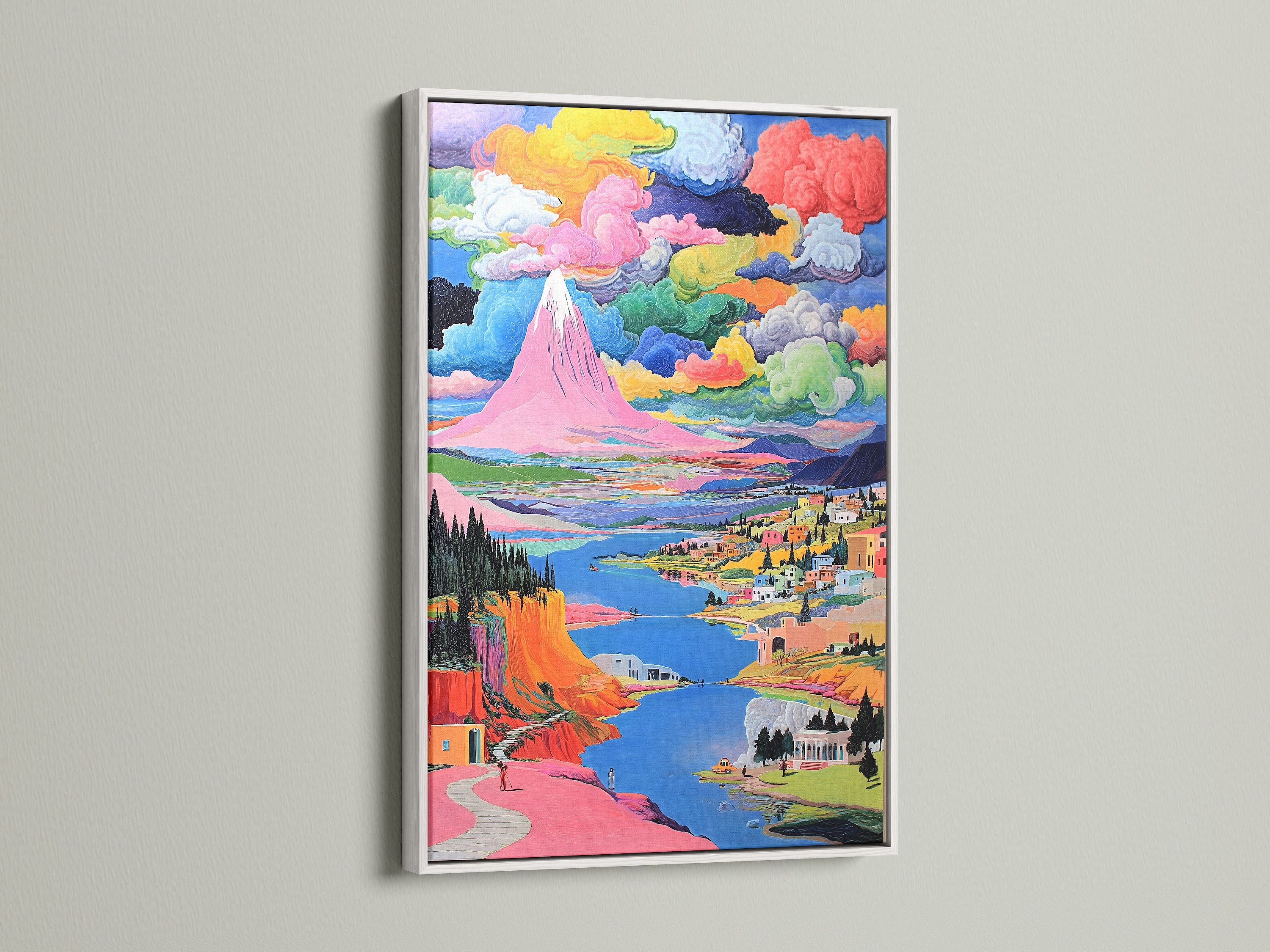 A beautiful mountain canvas print is presented in a white frame. The colorful landscape wall art brings nature indoors. The pink and teal artwork creates a whimsical atmosphere. Perfect for adding a vibrant touch to any space.